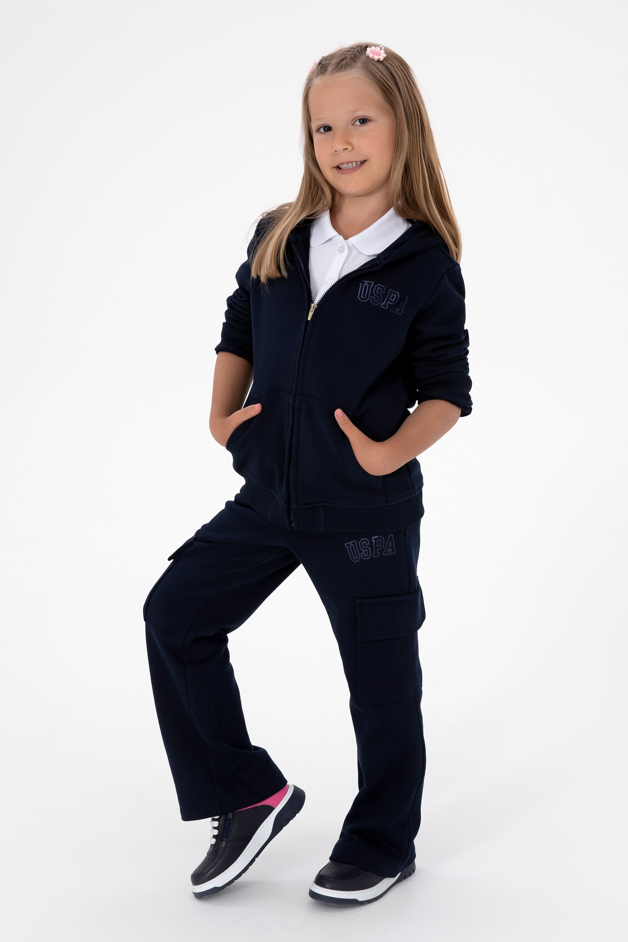 Kız Çocuk Lacivert Kapüşonlu Fermuarlı Basic Sweatshirt - Image 2