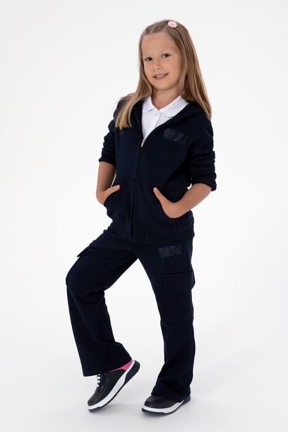 Kız Çocuk Lacivert Kapüşonlu Fermuarlı Basic Sweatshirt