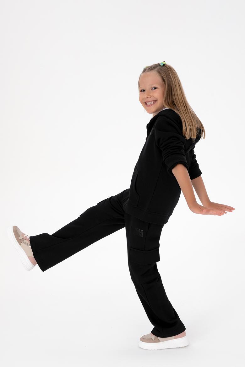 Kız Çocuk Siyah Kapüşonlu Fermuarlı Basic Sweatshirt - 50316837047