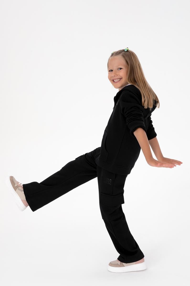 Kız Çocuk Siyah Kapüşonlu Fermuarlı Basic Sweatshirt