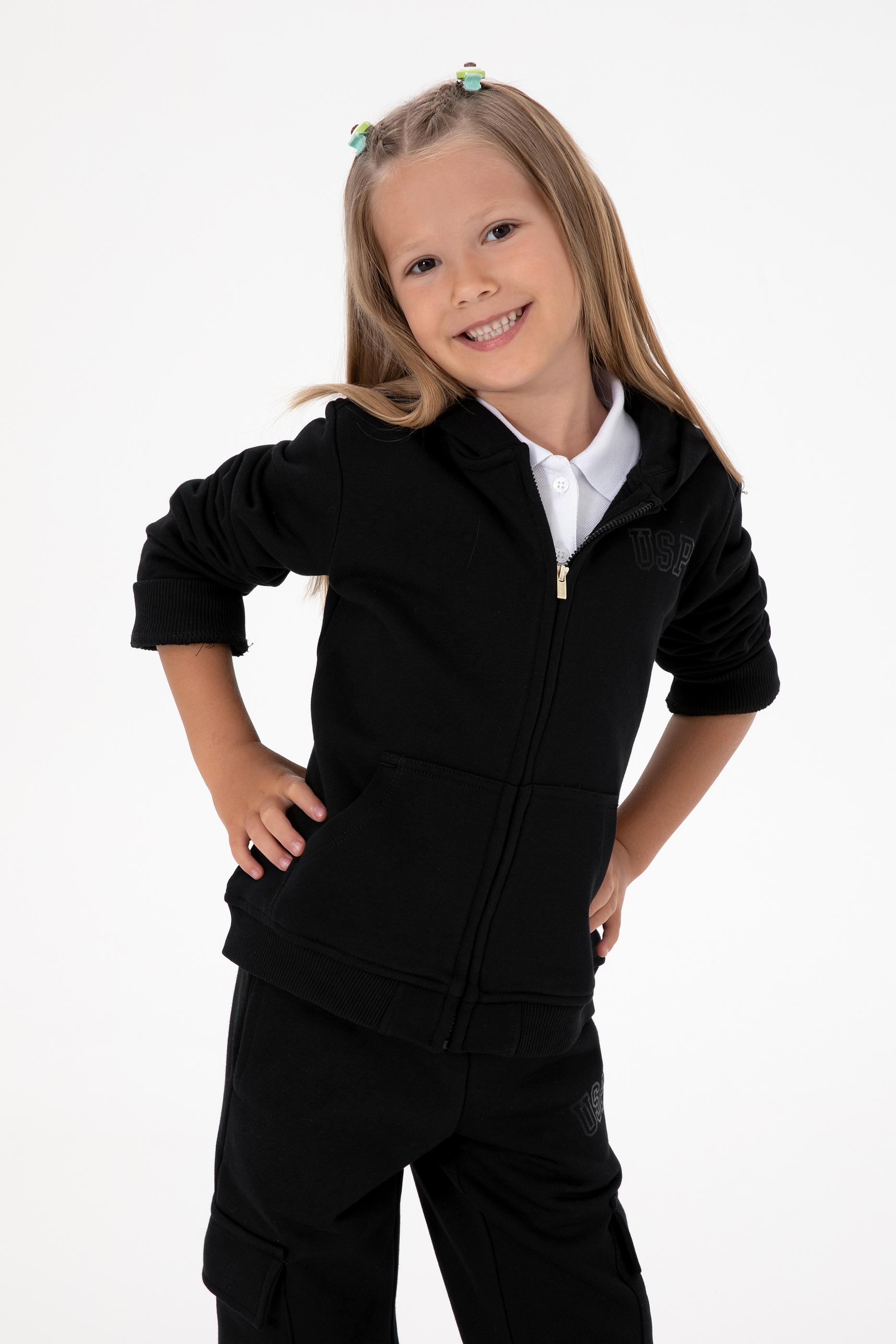 Kız Çocuk Siyah Kapüşonlu Fermuarlı Basic Sweatshirt