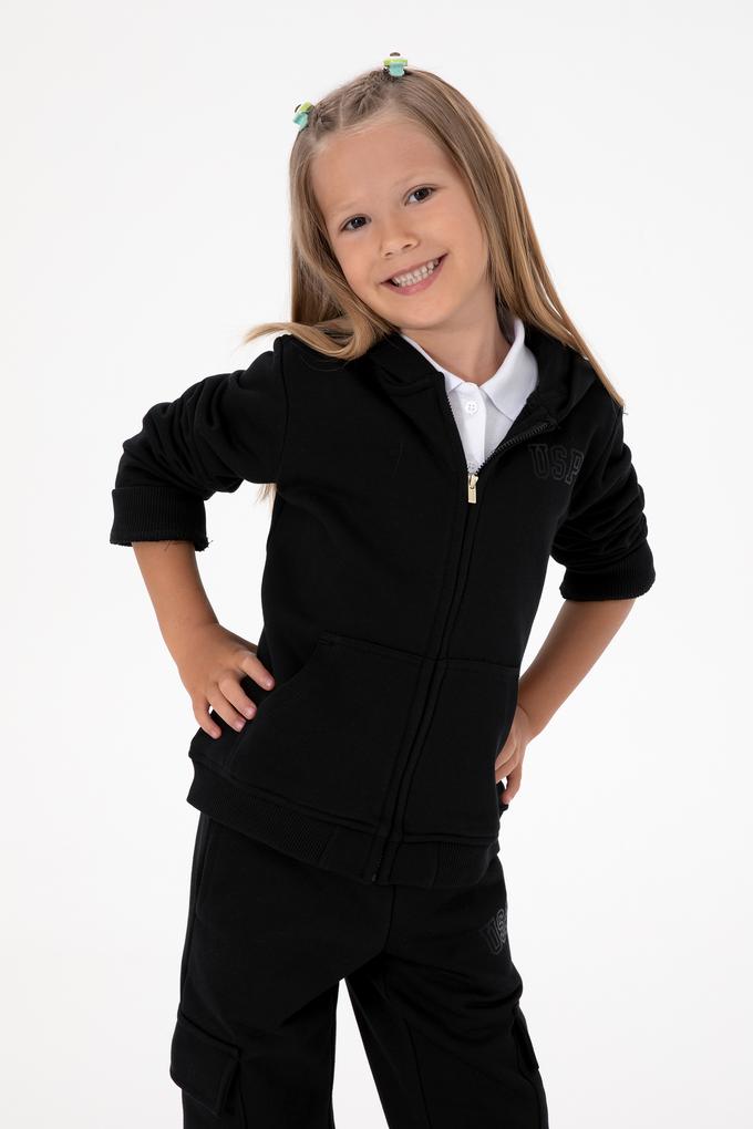 Kız Çocuk Siyah Kapüşonlu Fermuarlı Basic Sweatshirt