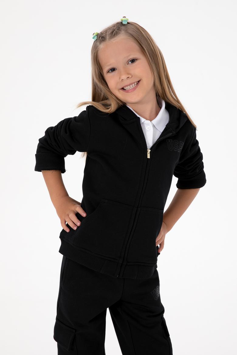 Kız Çocuk Siyah Kapüşonlu Fermuarlı Basic Sweatshirt