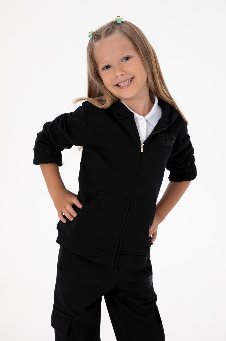 Kız Çocuk Siyah Kapüşonlu Fermuarlı Basic Sweatshirt