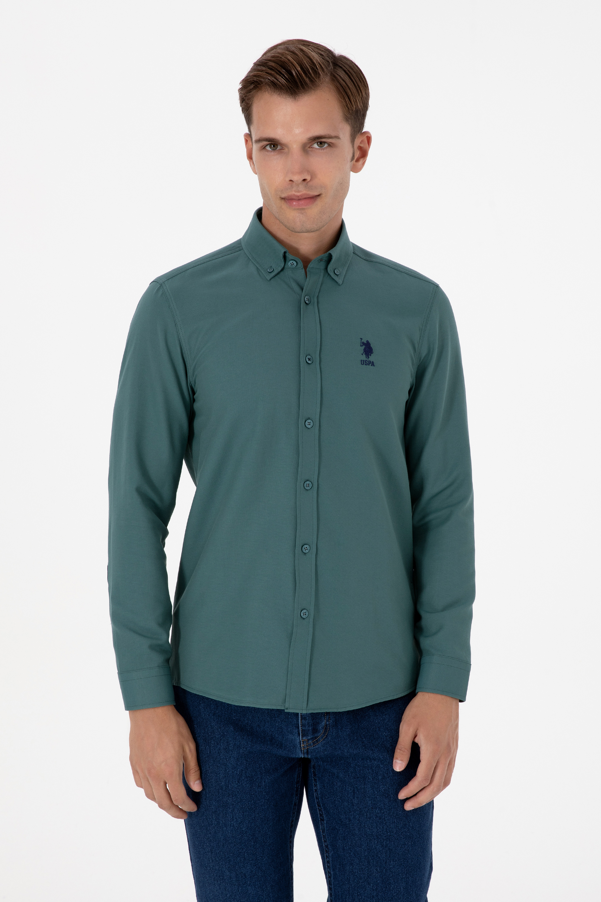 Erkek Koyu Yeşil Uzun Kollu Basic Gömlek - 50307701087