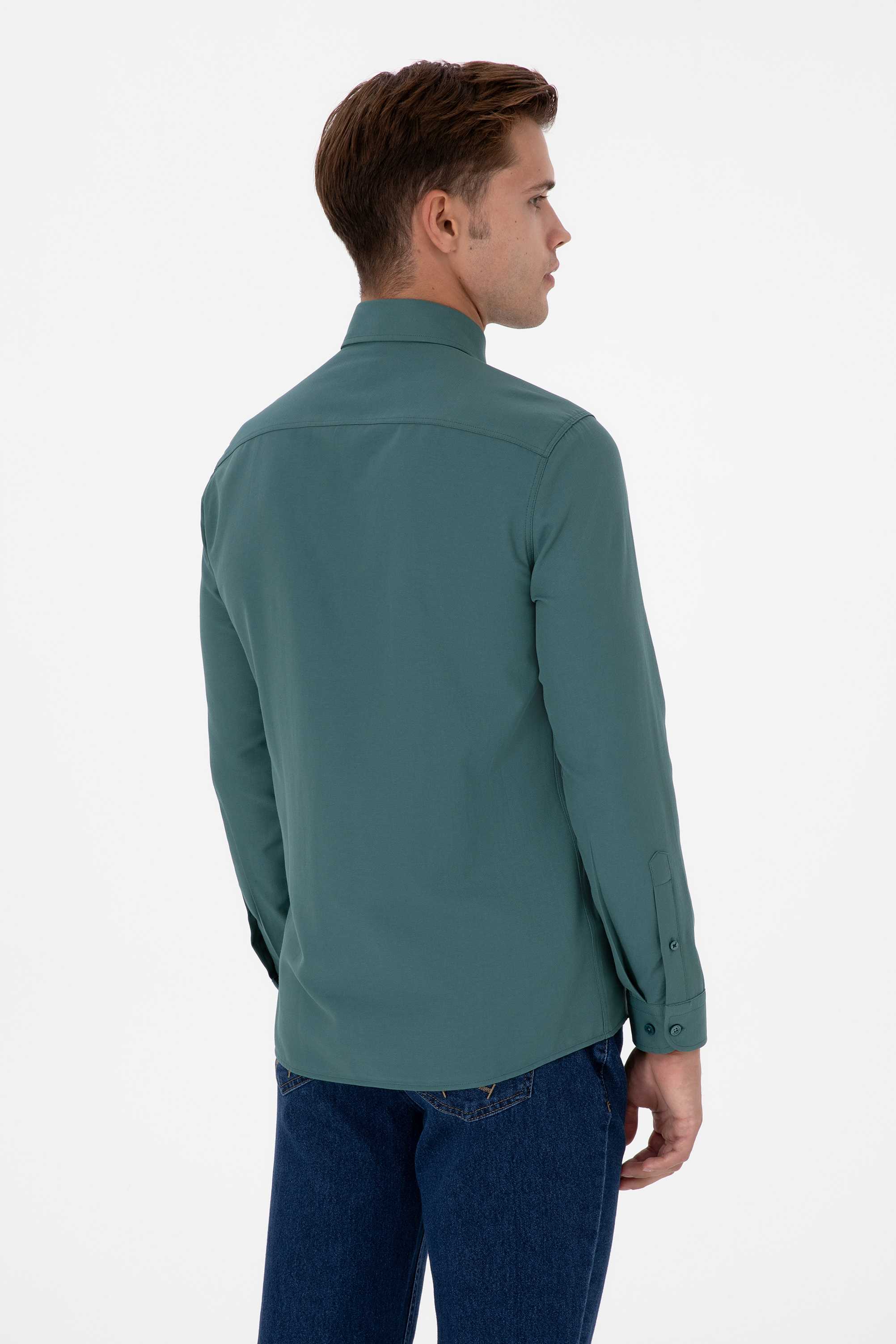Erkek Koyu Yeşil Uzun Kollu Basic Gömlek - 50307701087