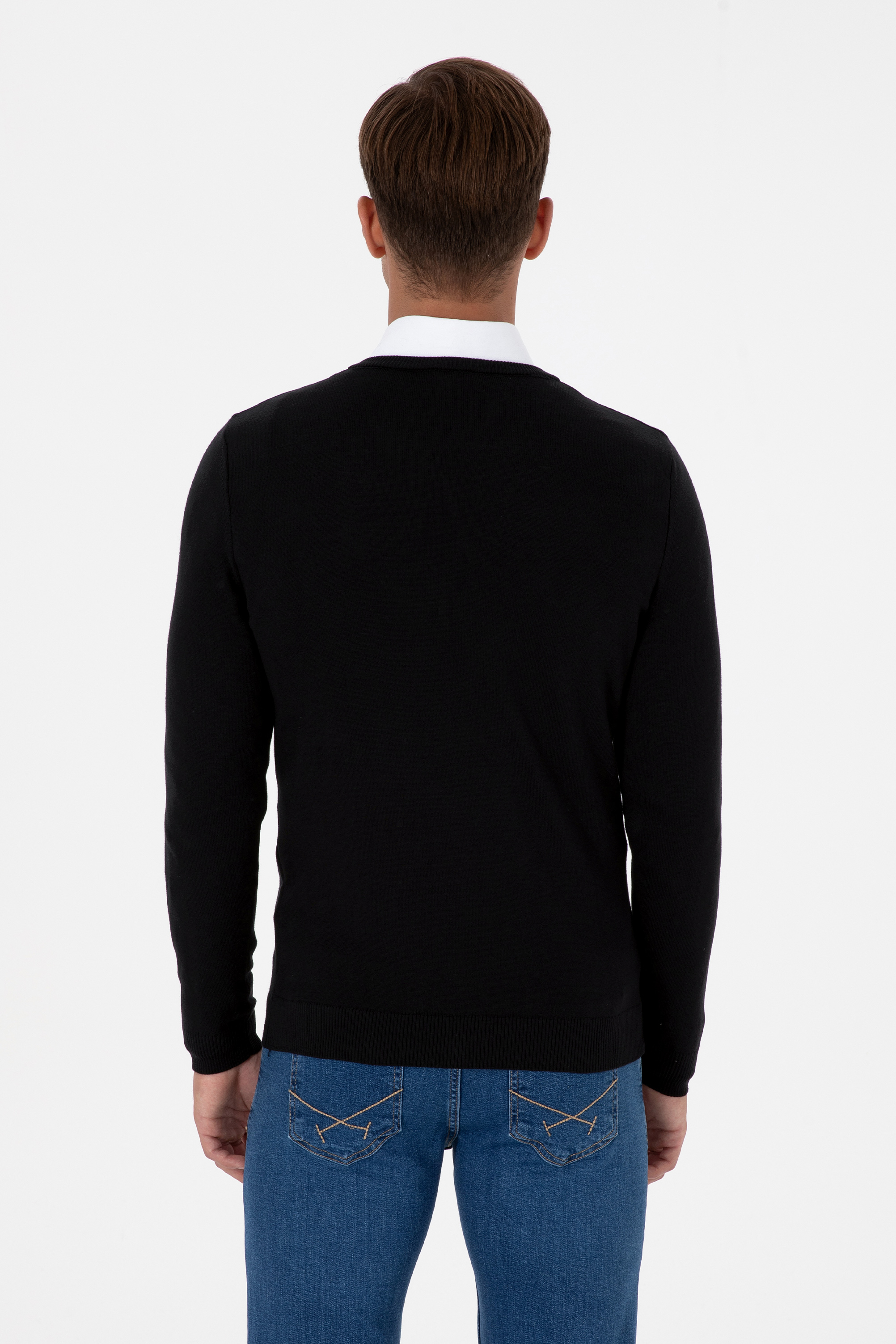 Erkek Slim Fit V Yaka Siyah Basic Kazak