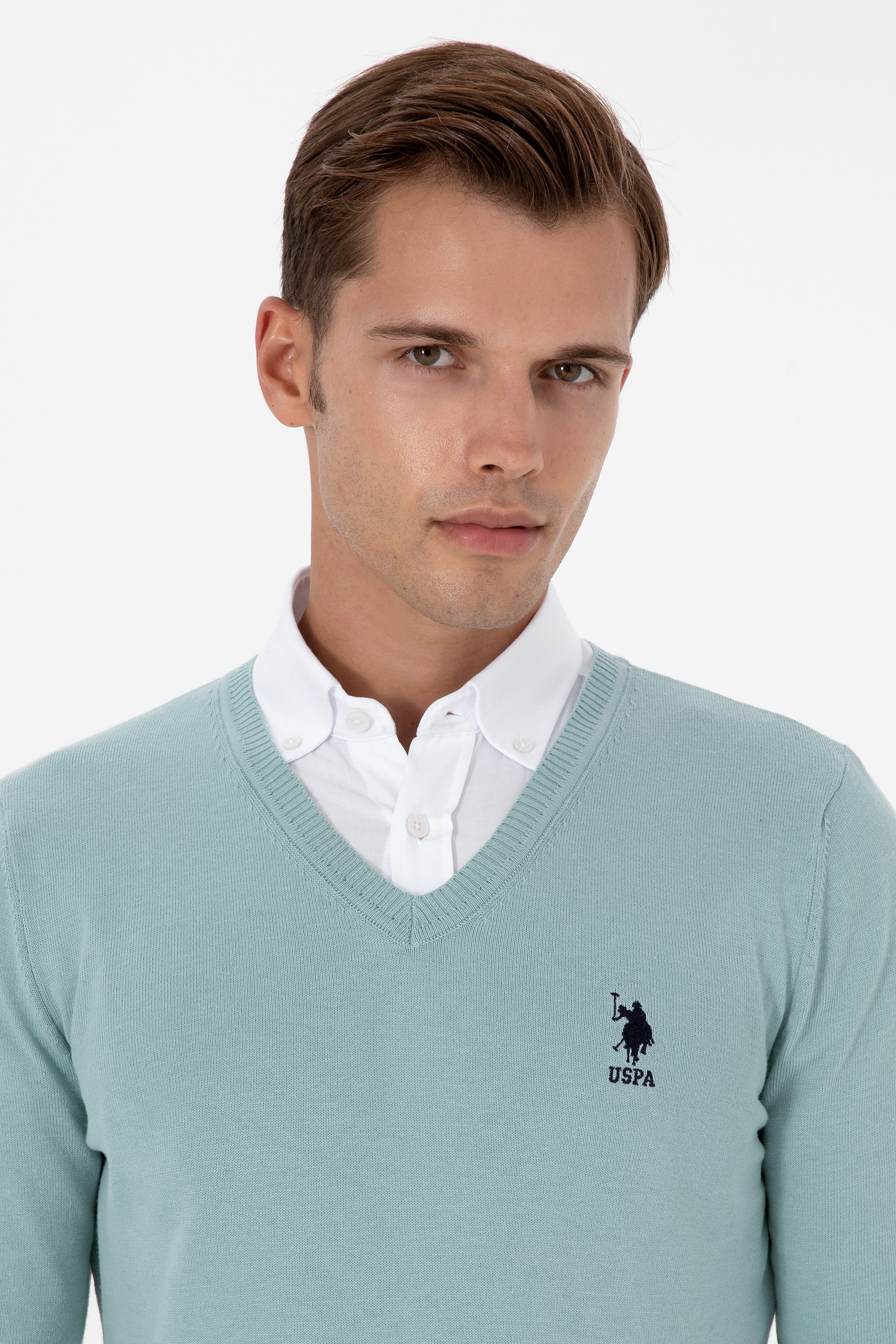Erkek Slim Fit V Yaka Mint Basic Kazak - Image 2