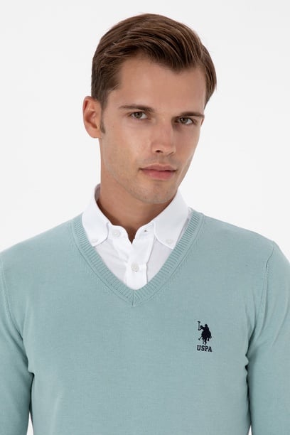 Erkek Slim Fit V Yaka Mint Basic Kazak