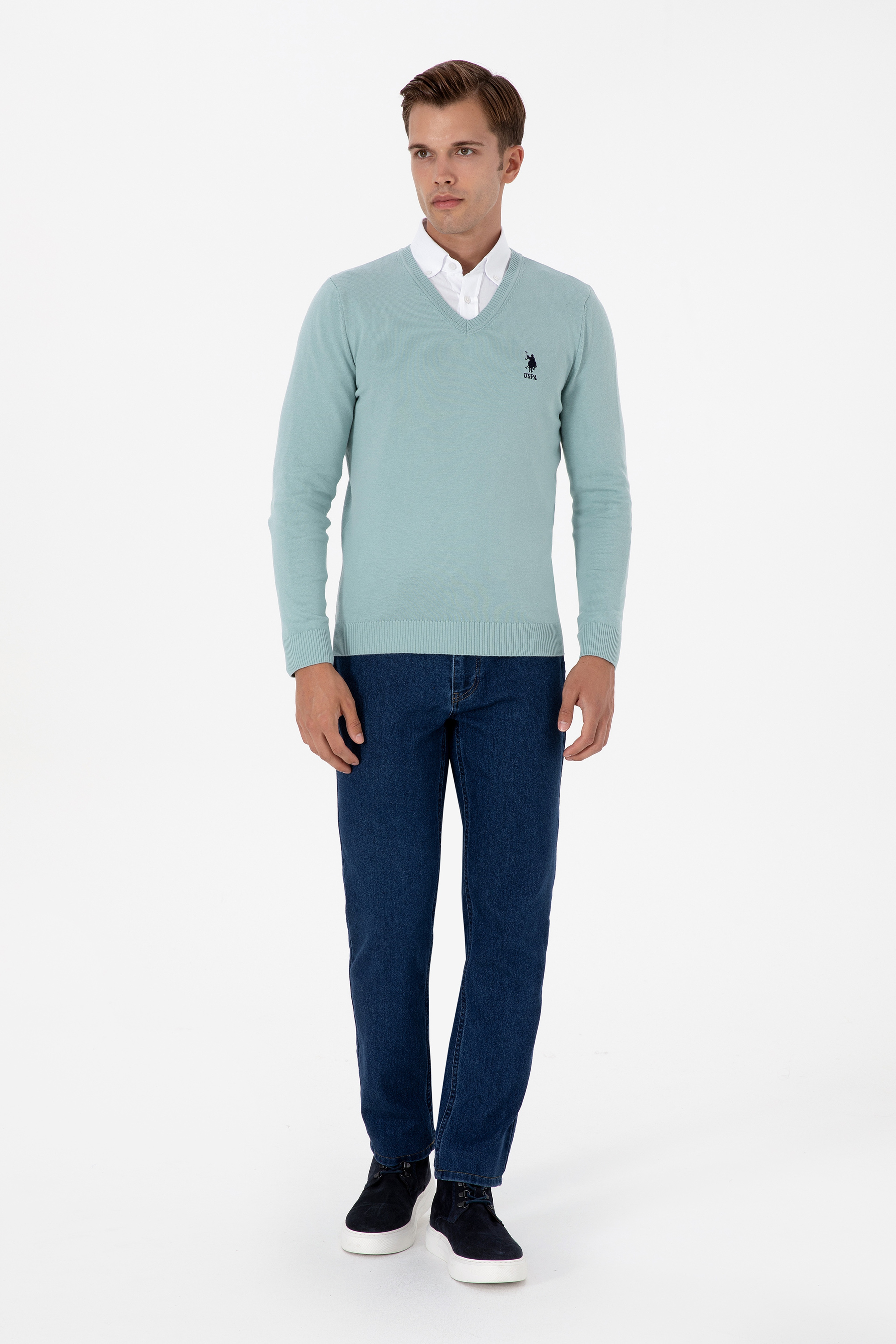 Erkek Slim Fit V Yaka Mint Basic Kazak - Image 4