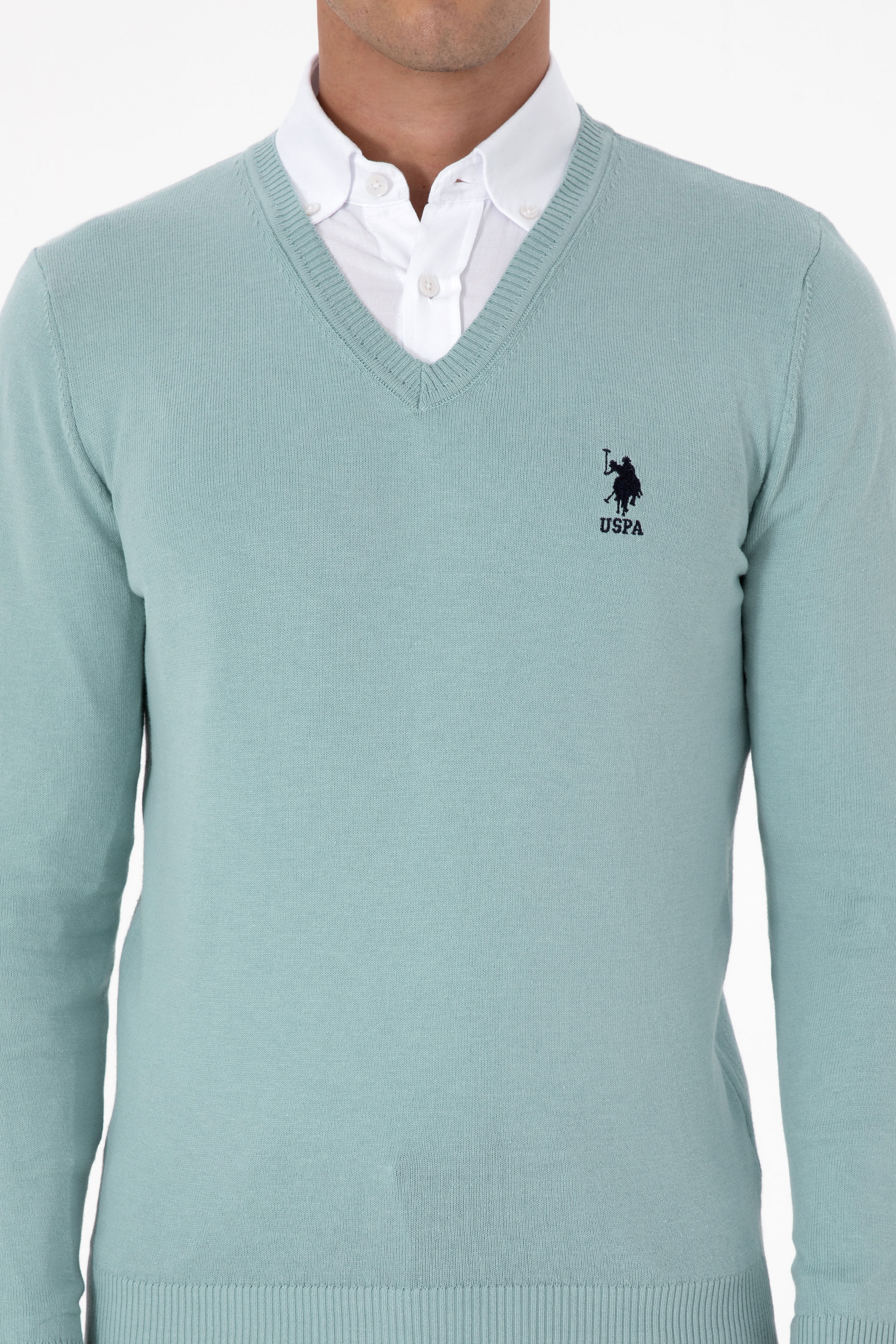 Erkek Slim Fit V Yaka Mint Basic Kazak