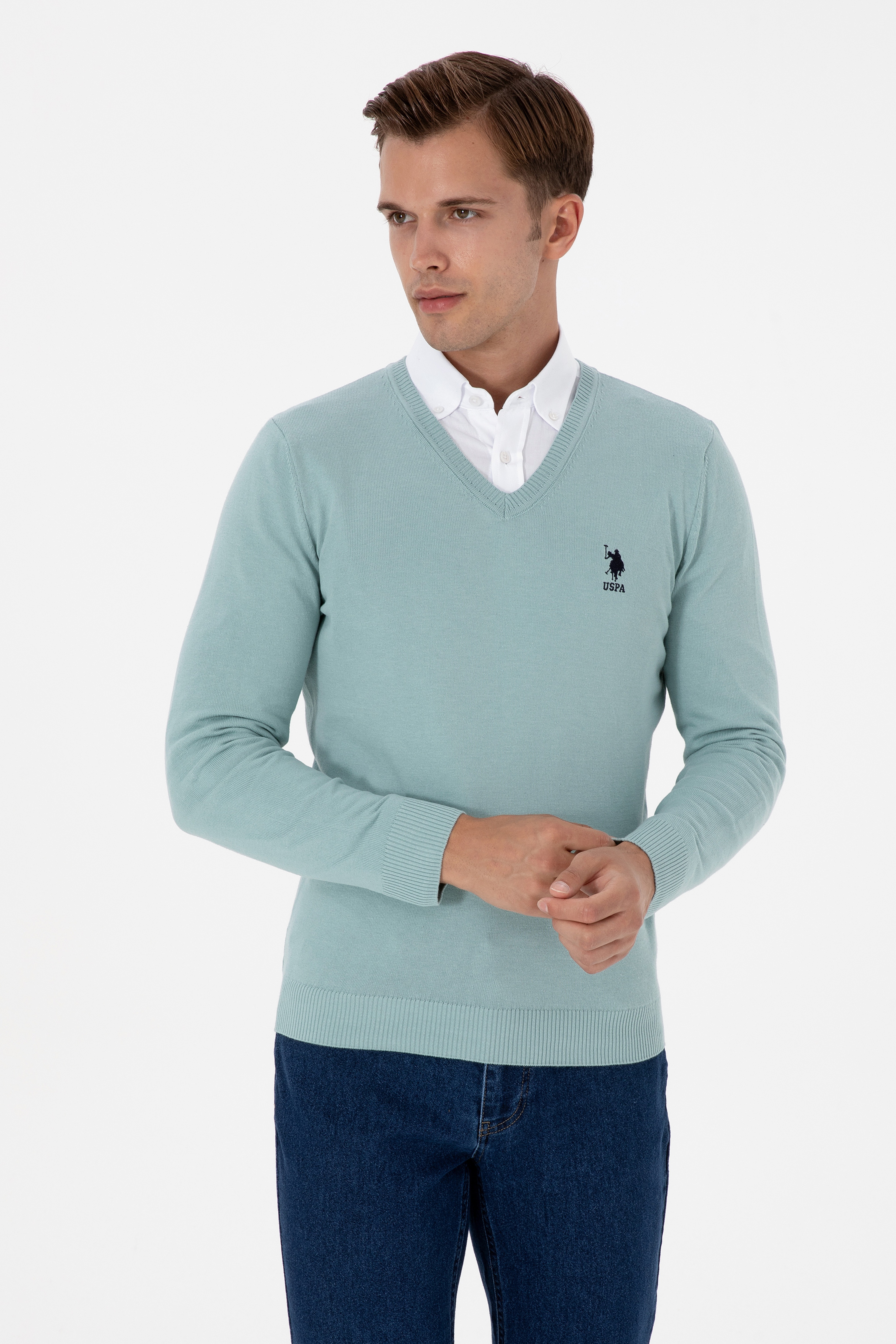 Erkek Slim Fit V Yaka Mint Basic Kazak - Image 3