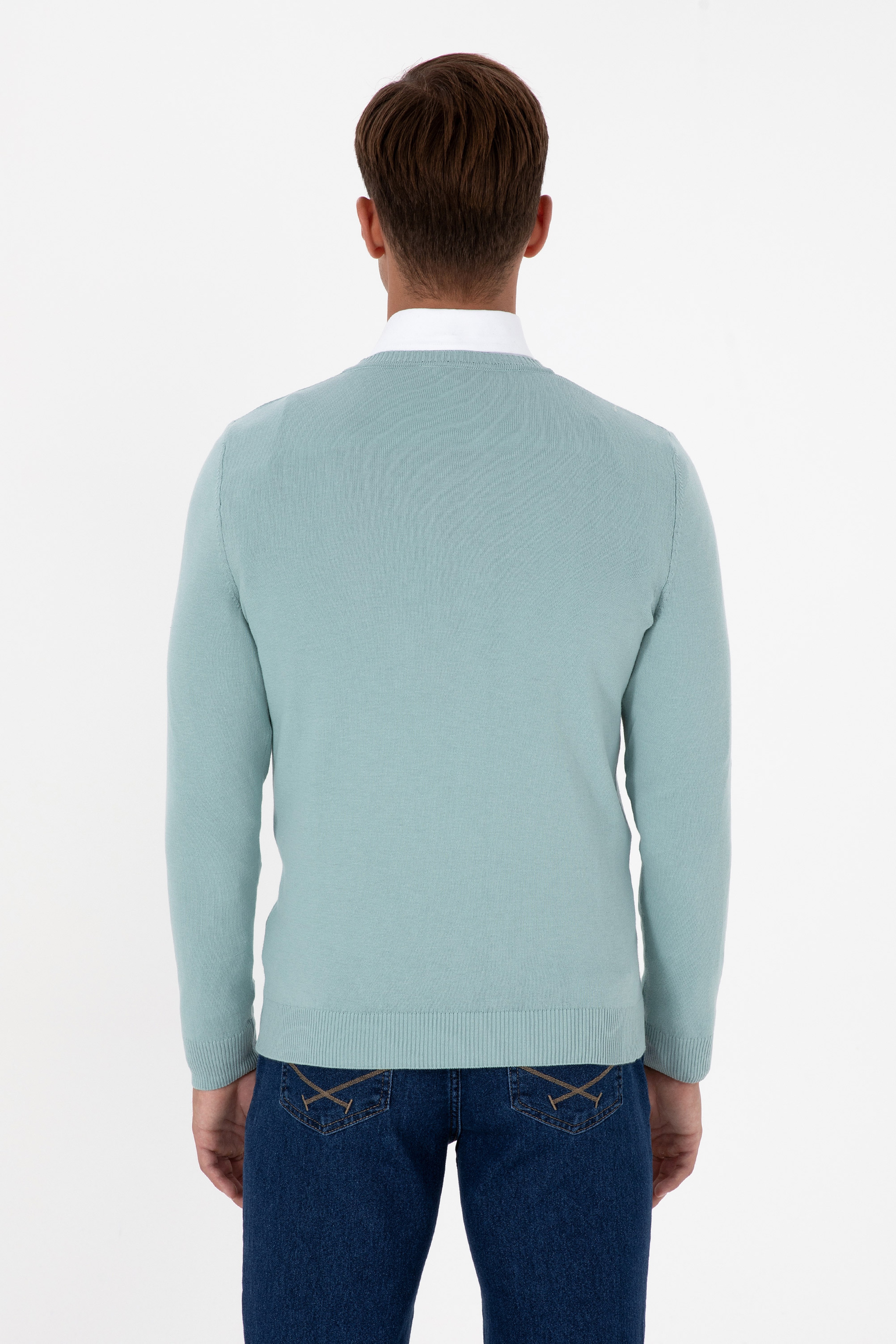 Erkek Slim Fit V Yaka Mint Basic Kazak - Image 5