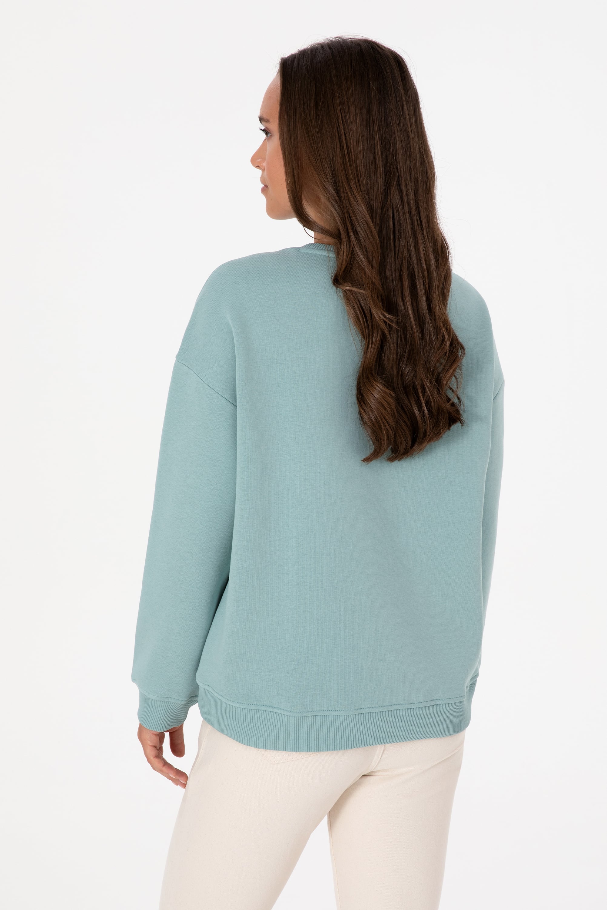 Kadın Mint Şardonlu Bisiklet Yaka Basic Sweatshırt - Image 5