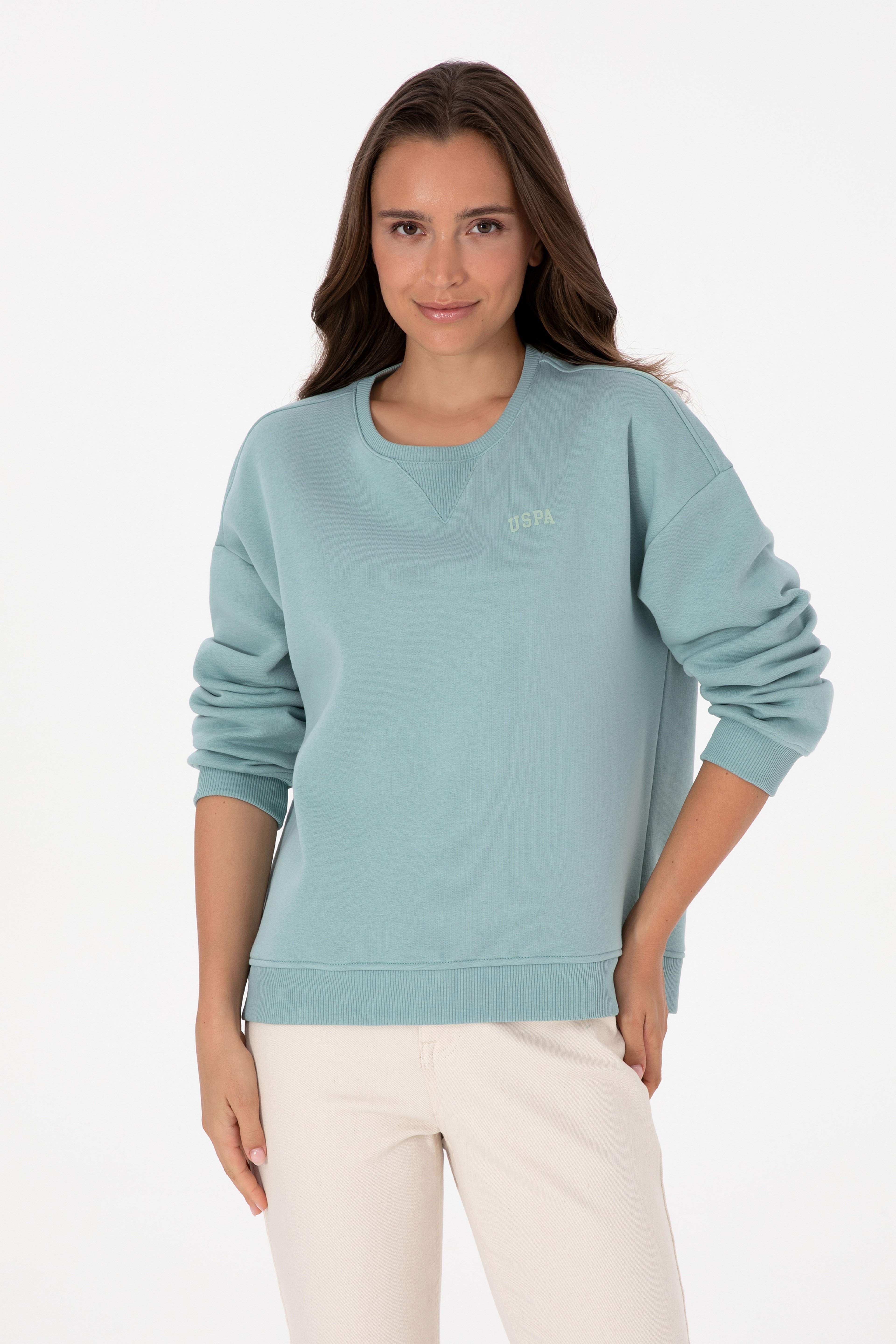 Kadın Mint Şardonlu Bisiklet Yaka Basic Sweatshırt