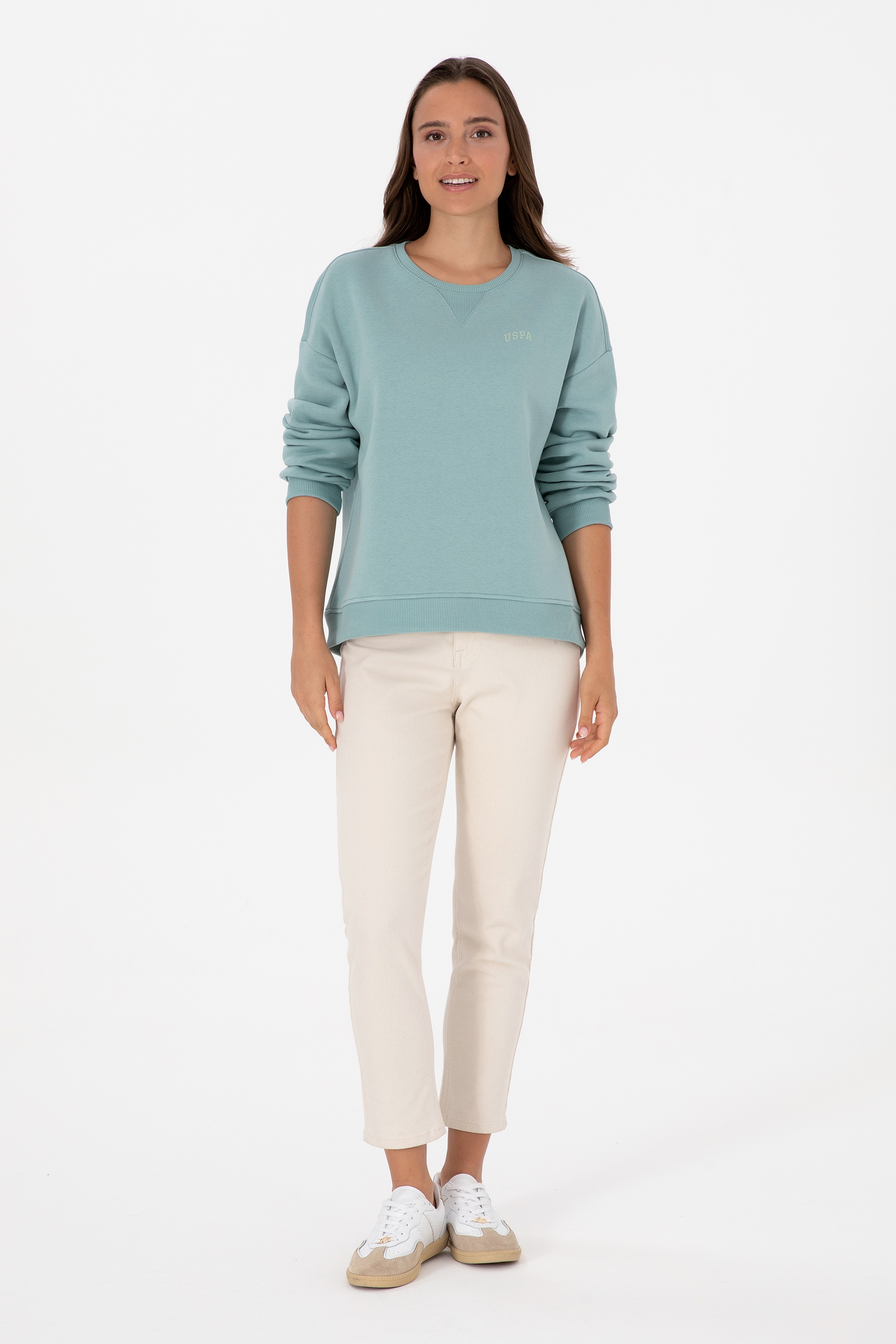 Kadın Mint Şardonlu Bisiklet Yaka Basic Sweatshırt