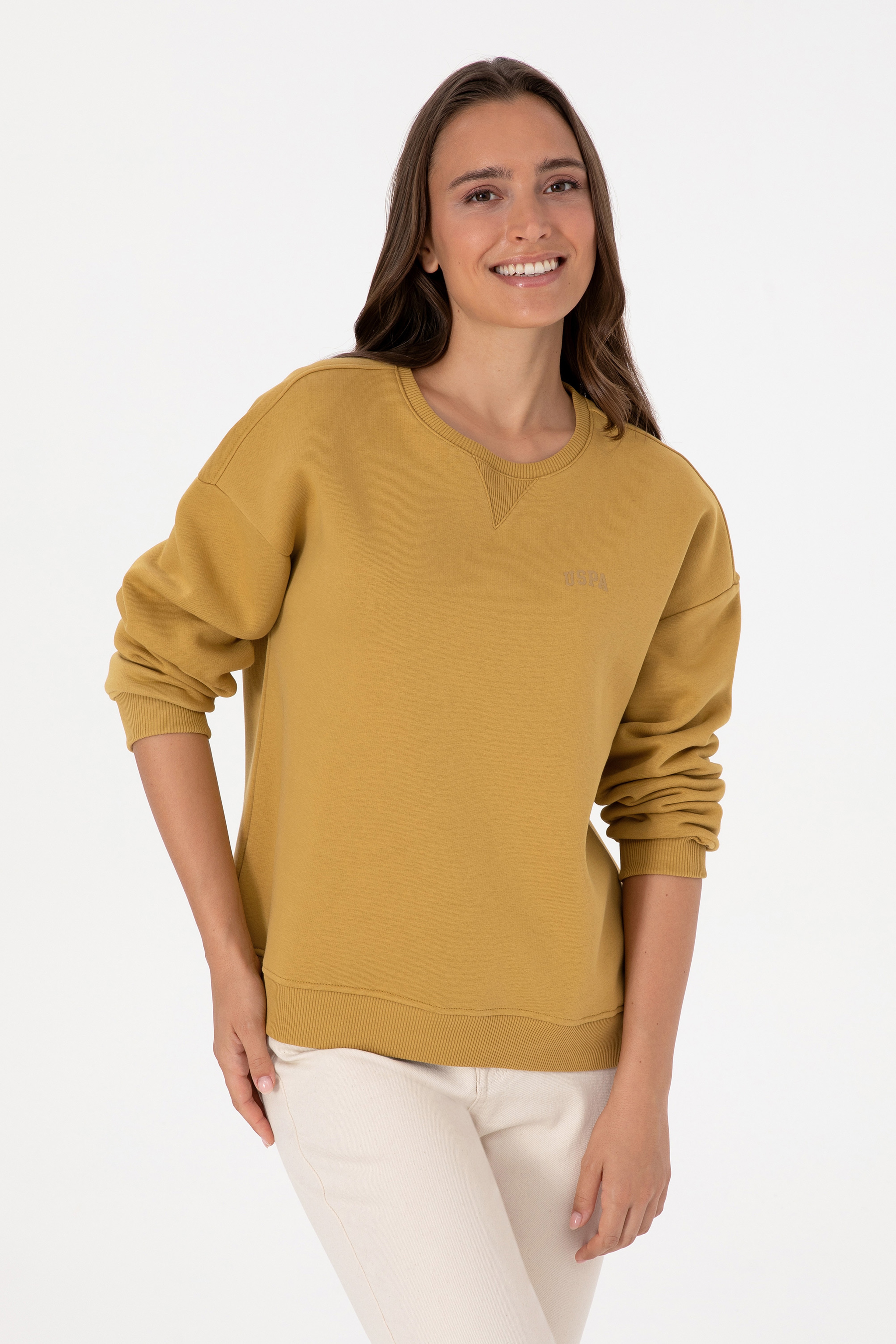 Kadın Camel Şardonlu Bisiklet Yaka Basic Sweatshırt - Image 1