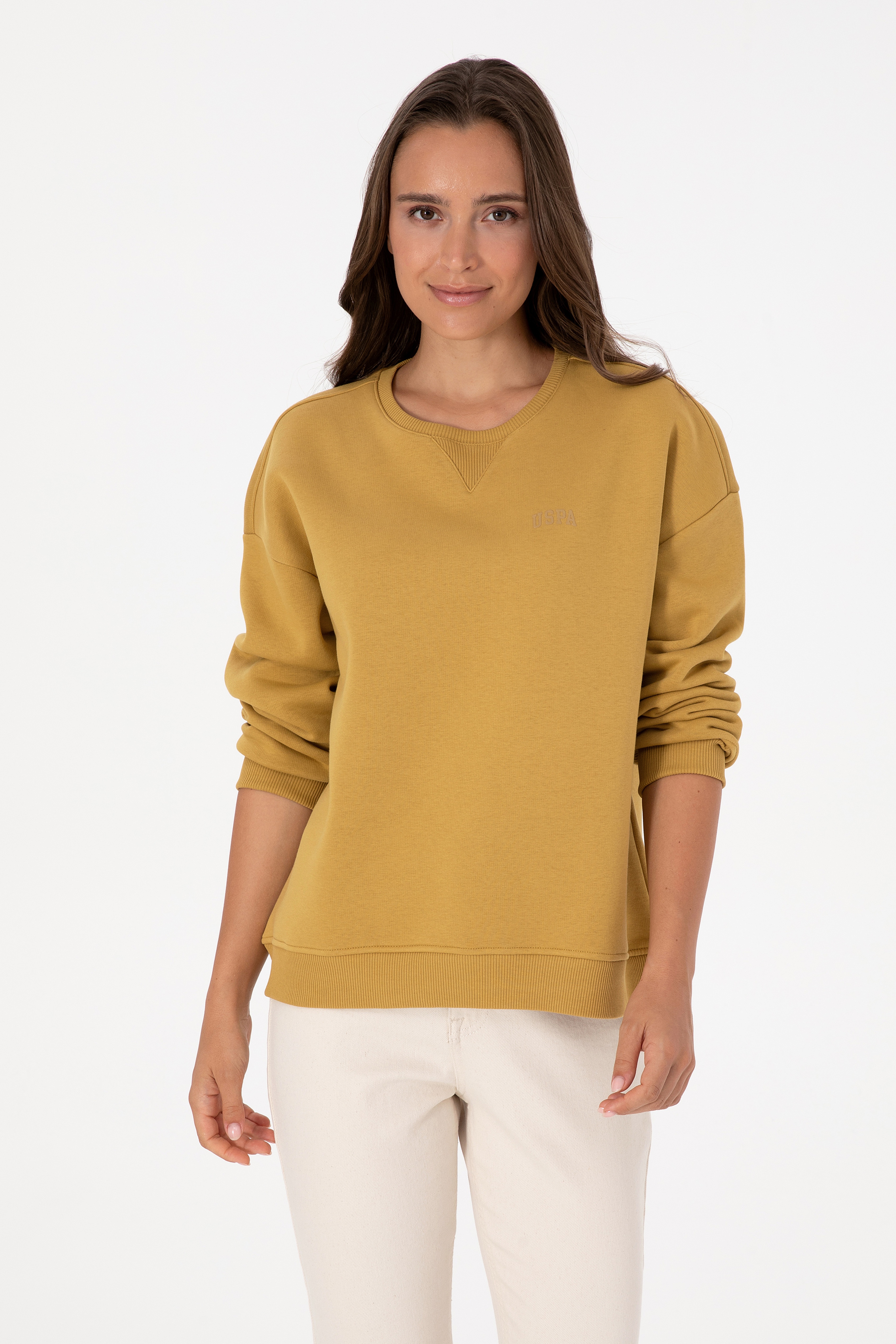 Kadın Camel Şardonlu Bisiklet Yaka Basic Sweatshırt - Image 3