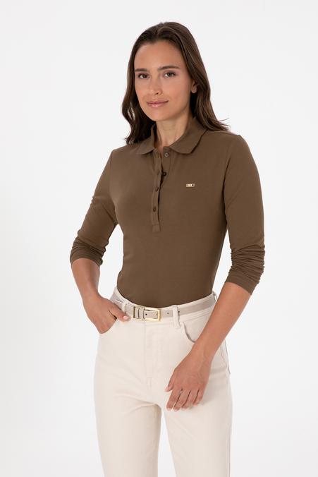 Kadın Haki Basic Polo Yaka Sweatshırt