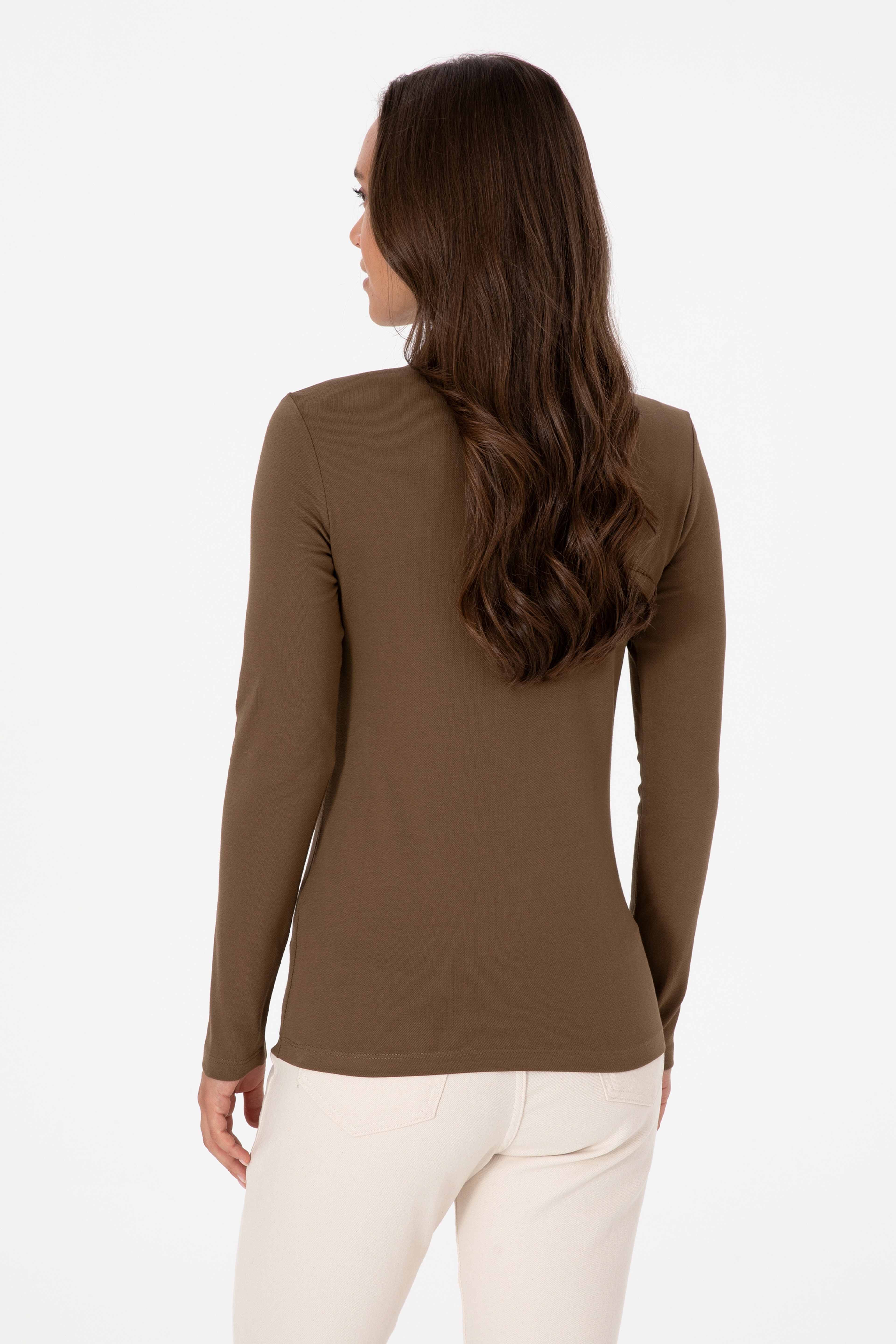 Kadın Haki Basic Polo Yaka Sweatshırt - Image 5