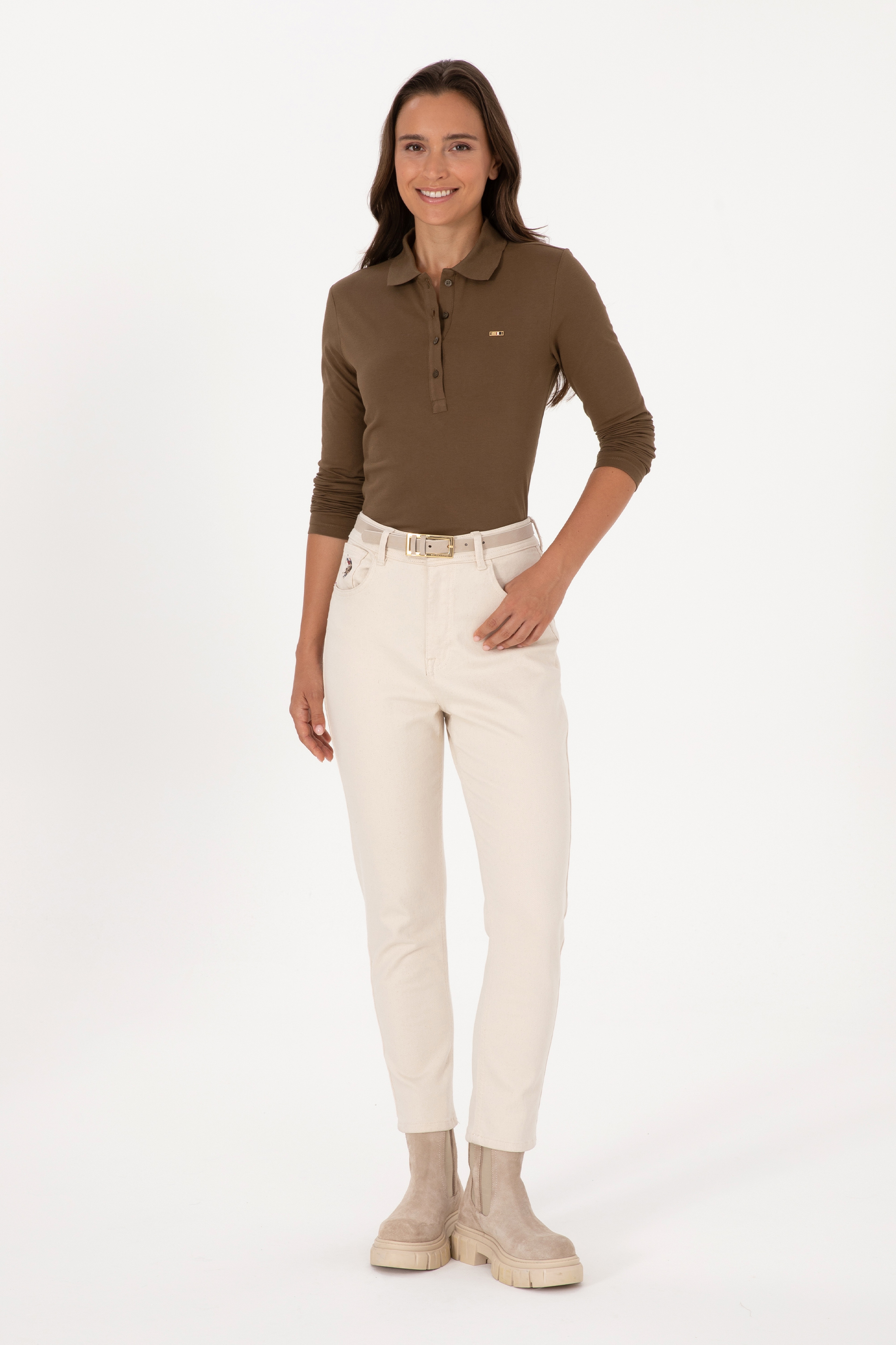 Kadın Haki Basic Polo Yaka Sweatshırt - Image 4