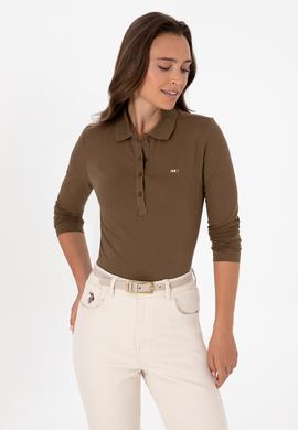 Kadın Haki Basic Polo Yaka Sweatshırt - 50313593075