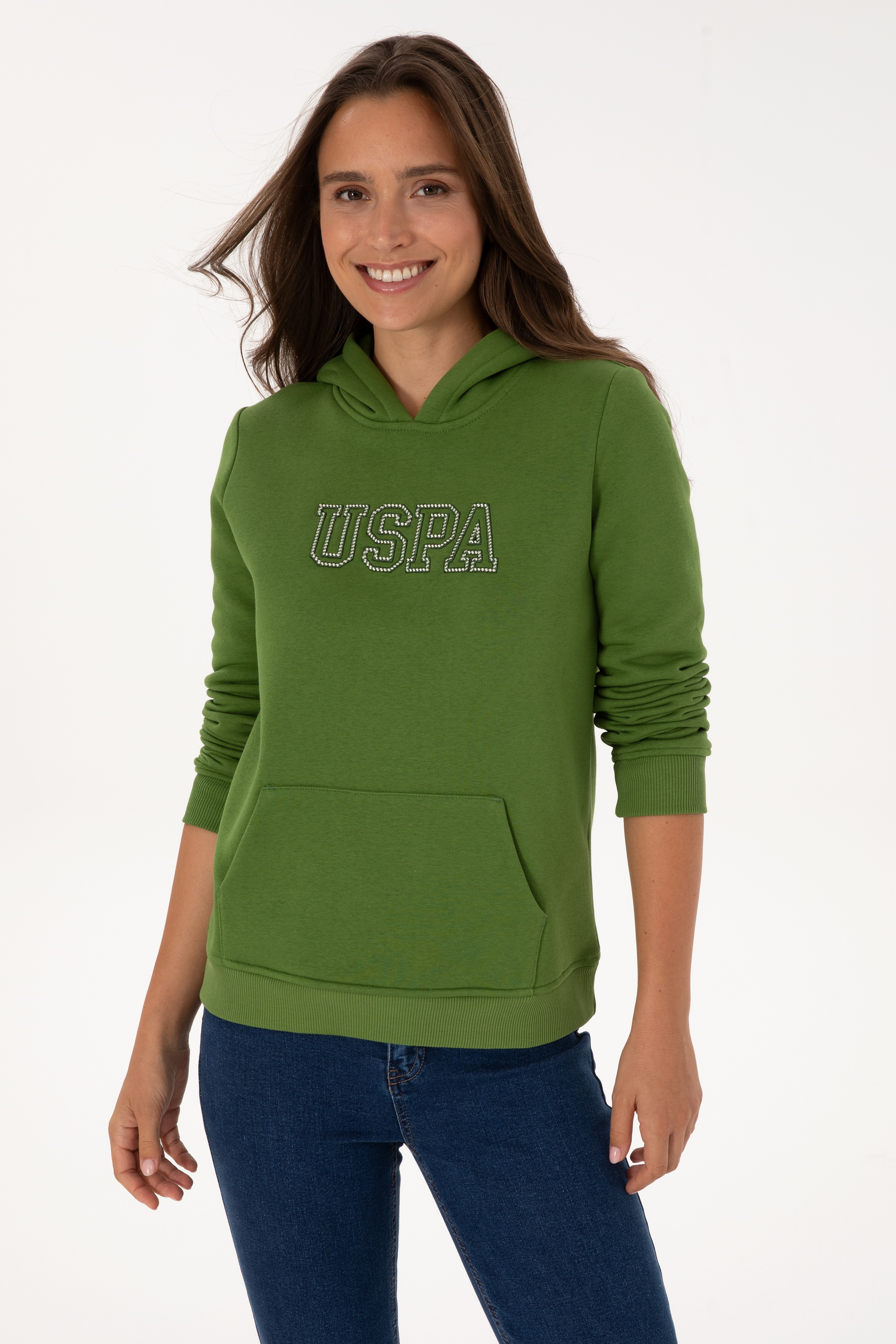 Kadın Yeşil Şardonlu Kapüşonlu Basic Sweatshirt - Image 1