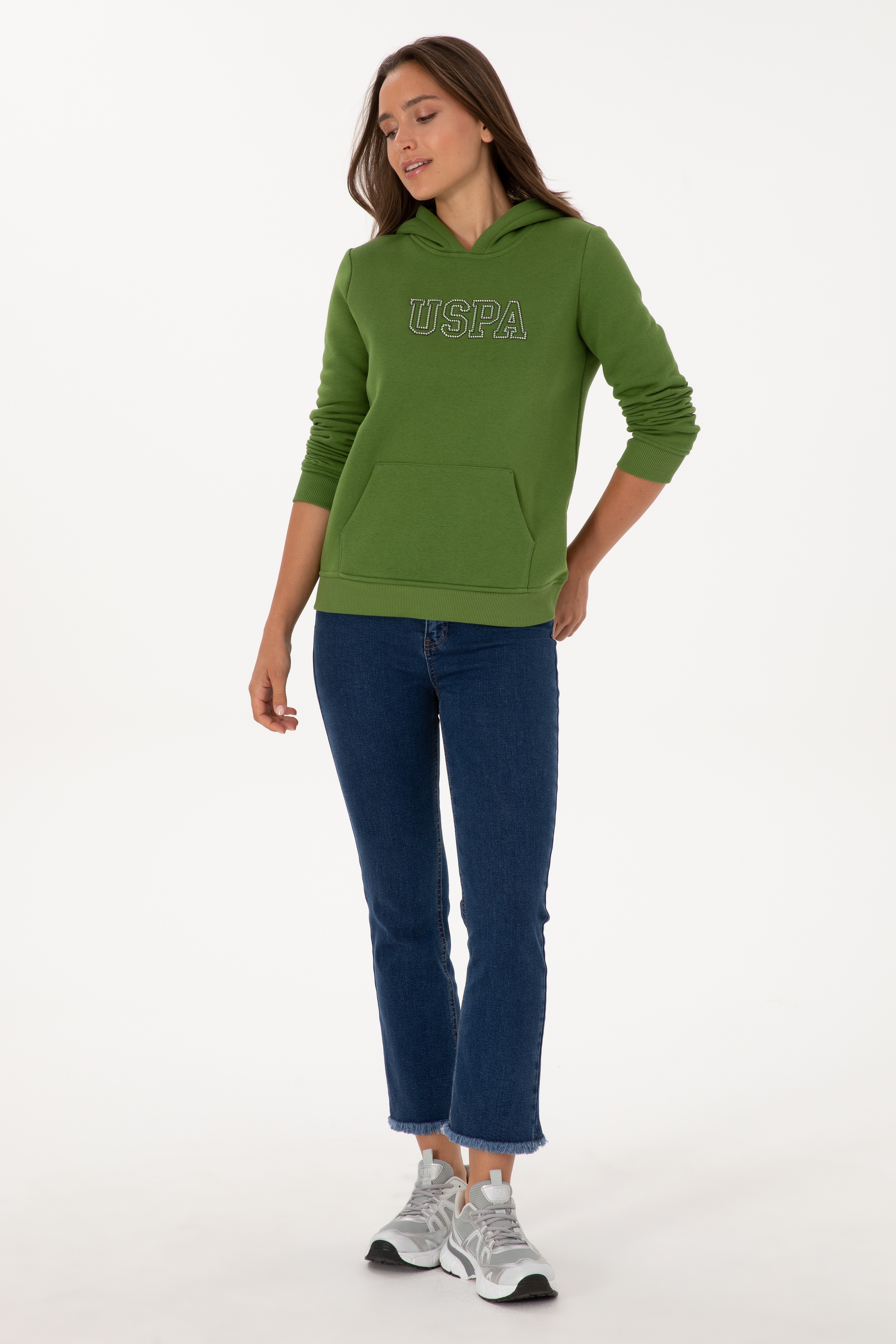 Kadın Yeşil Şardonlu Kapüşonlu Basic Sweatshirt