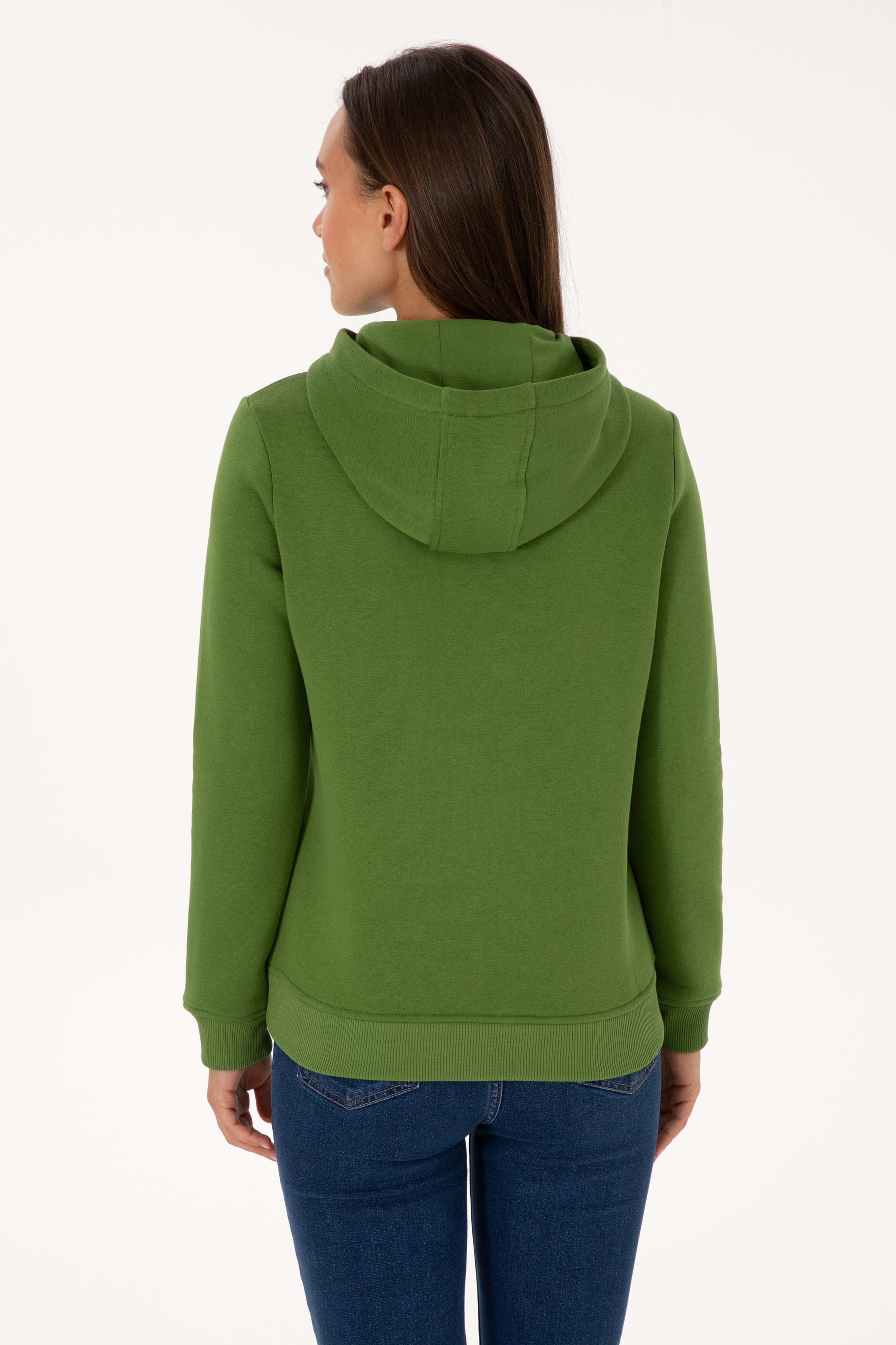 Kadın Yeşil Şardonlu Kapüşonlu Basic Sweatshirt