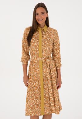 Kadın Hardal Kemerli Dokuma Elbise - 50316431012