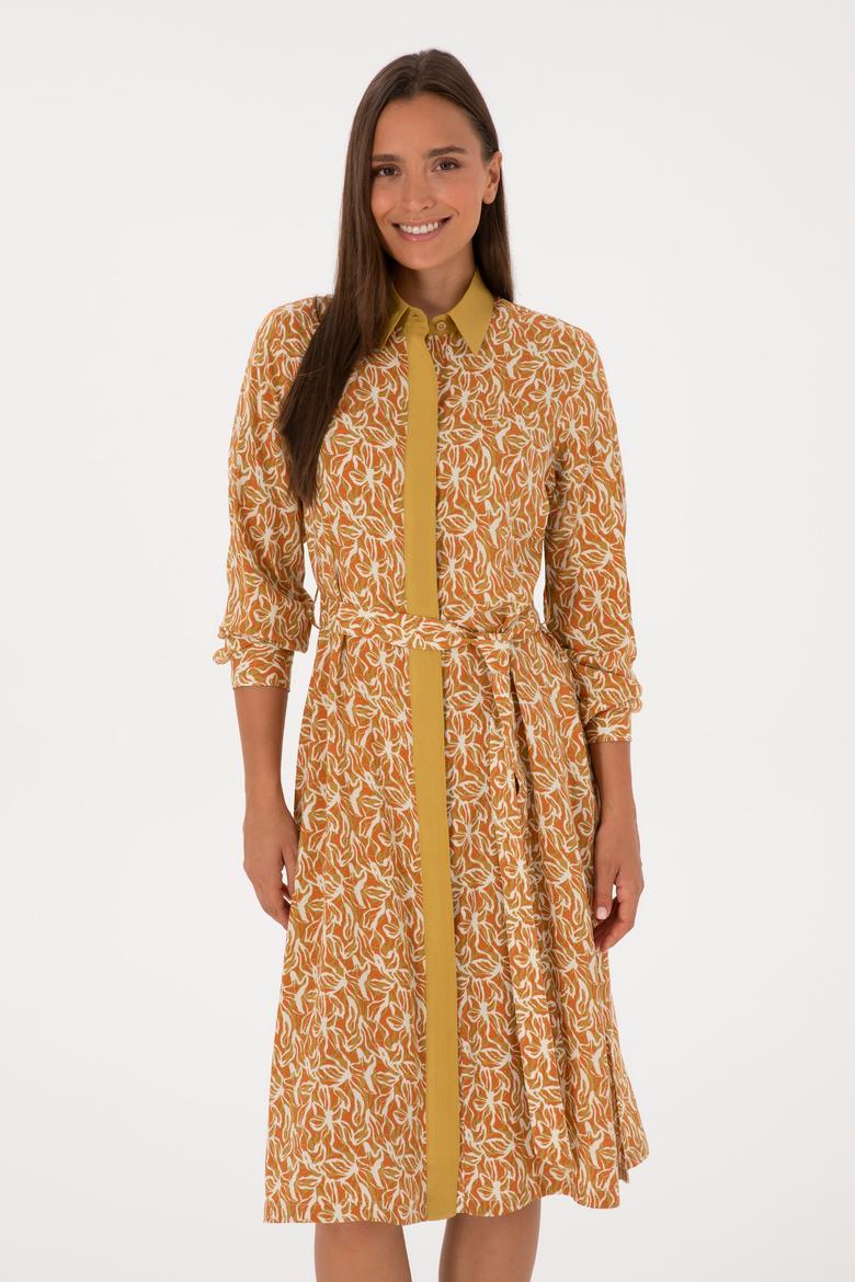 Kadın Hardal Kemerli Dokuma Elbise - 50316431012