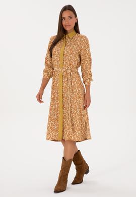 Kadın Hardal Kemerli Dokuma Elbise - 50316431012