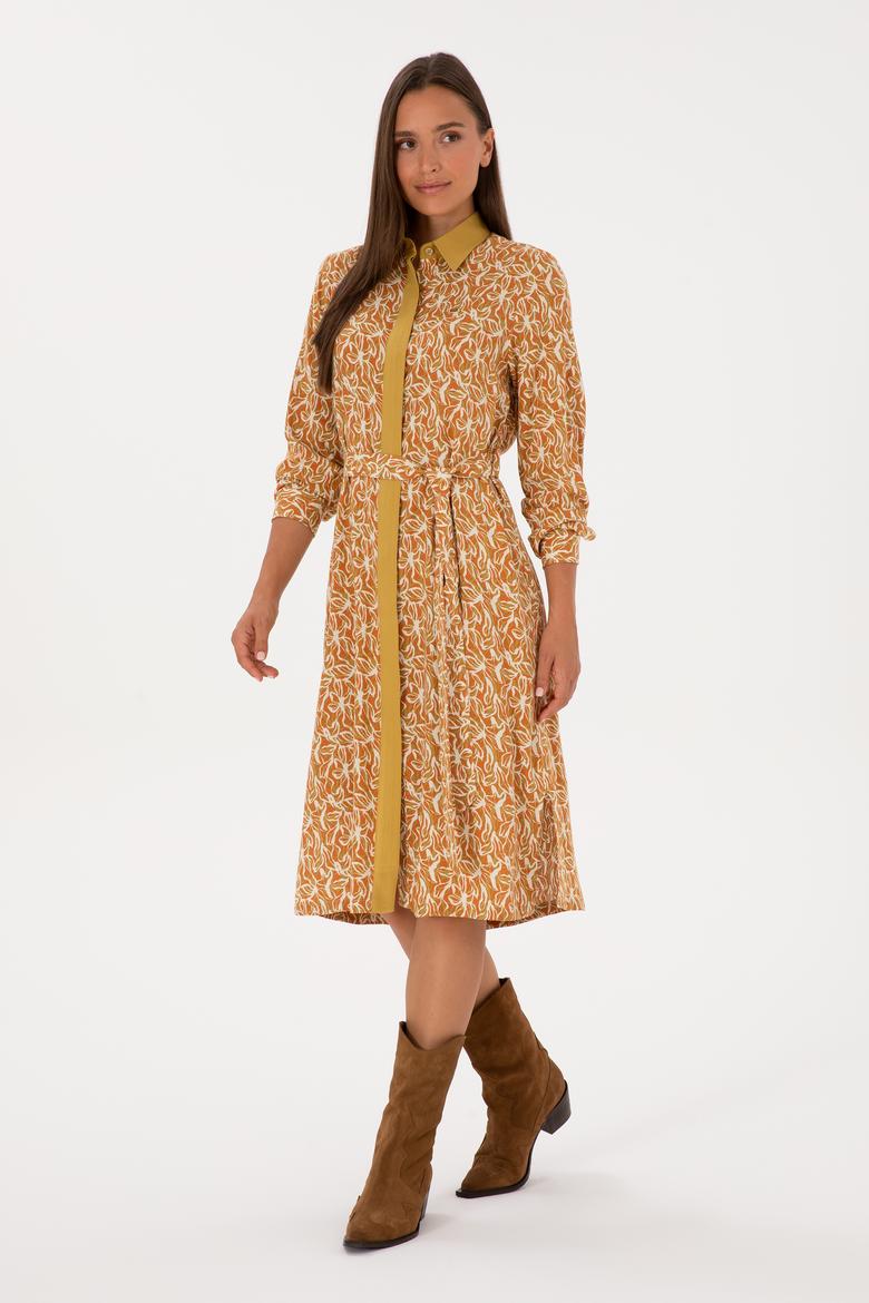 Kadın Hardal Kemerli Dokuma Elbise - 50316431012