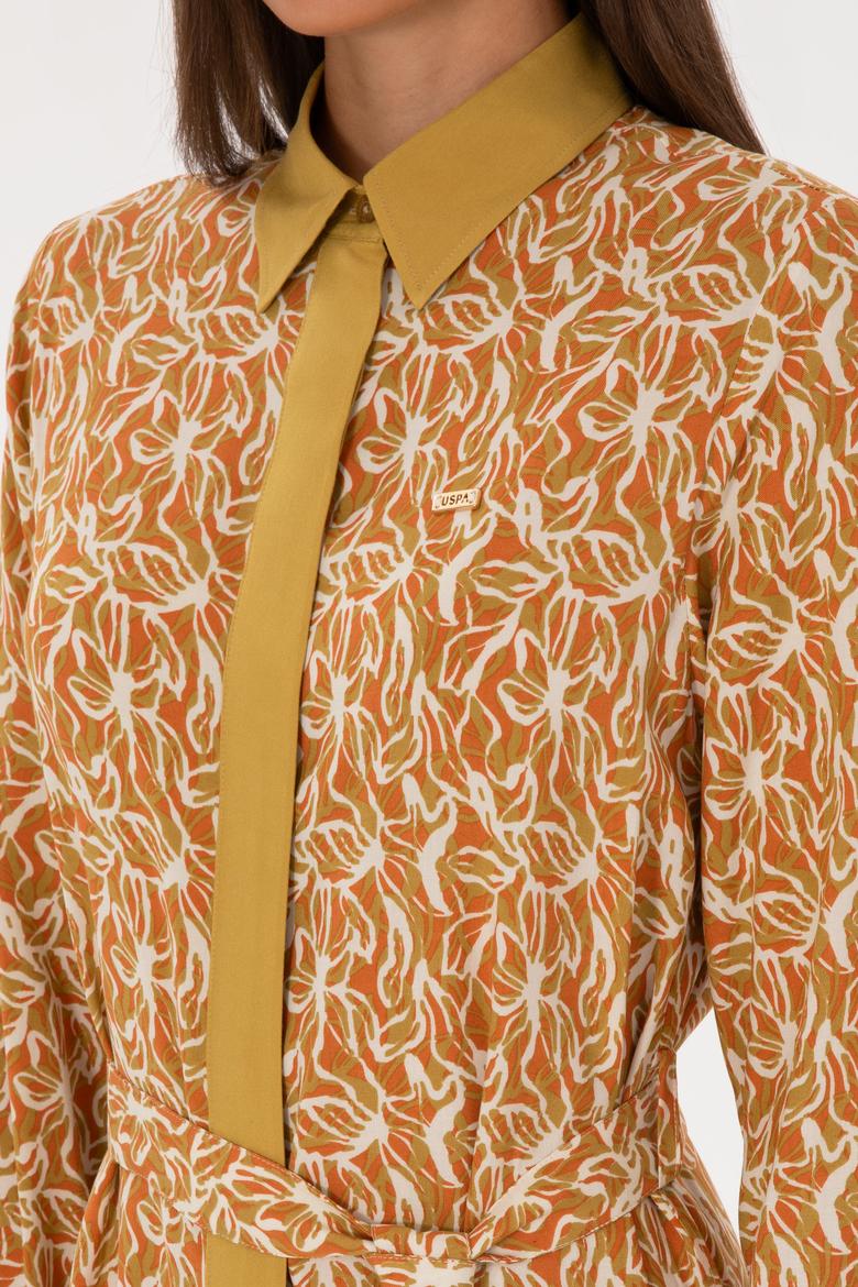 Kadın Hardal Kemerli Dokuma Elbise - 50316431012