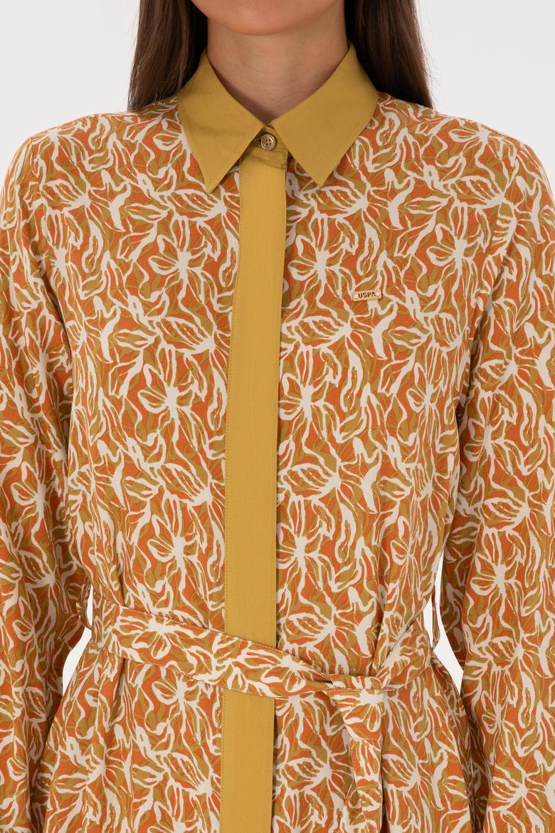 Kadın Hardal Kemerli Dokuma Elbise - 50316431012