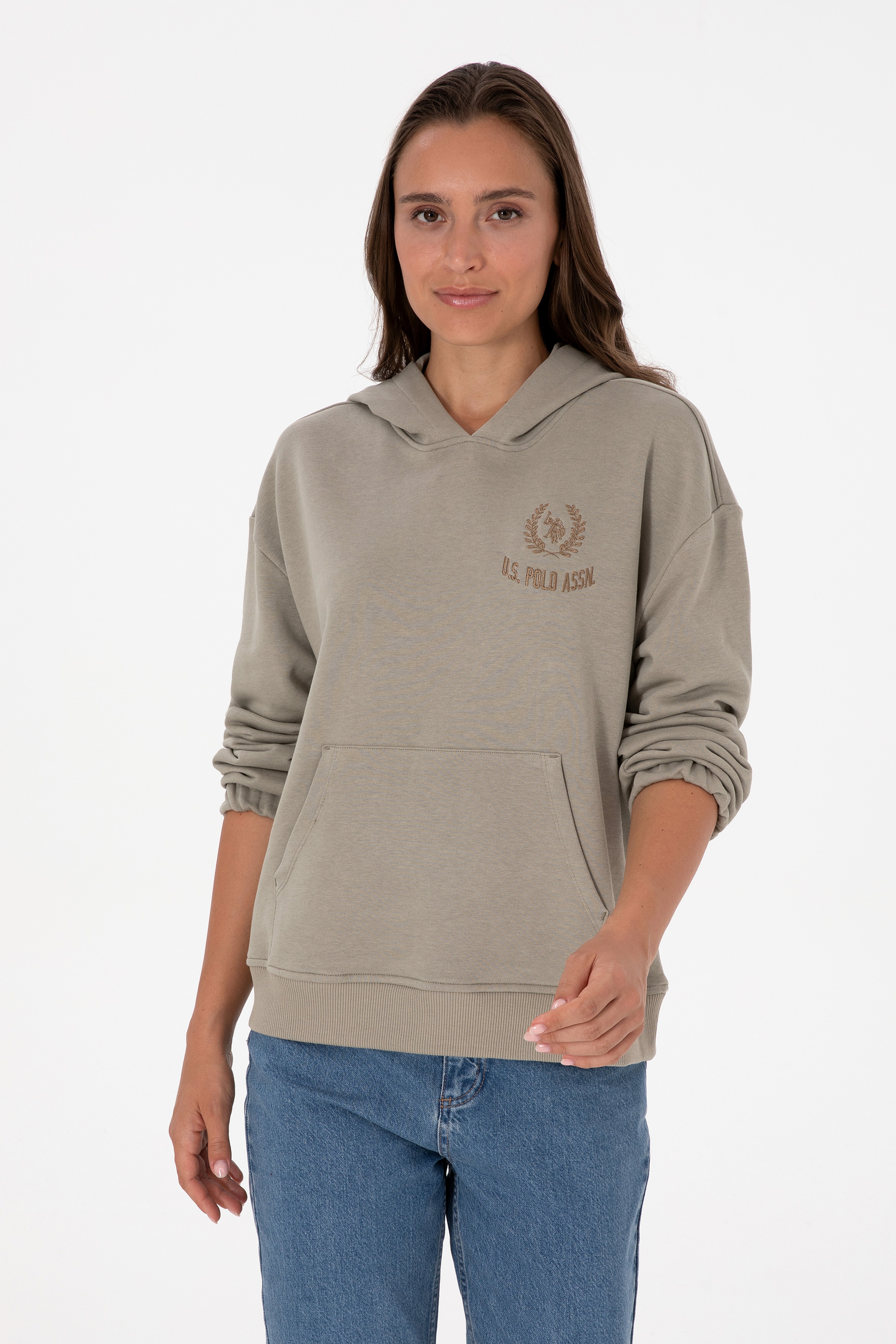 Kadın Açık Haki Kapüşonlu Sweatshirt - Image 1