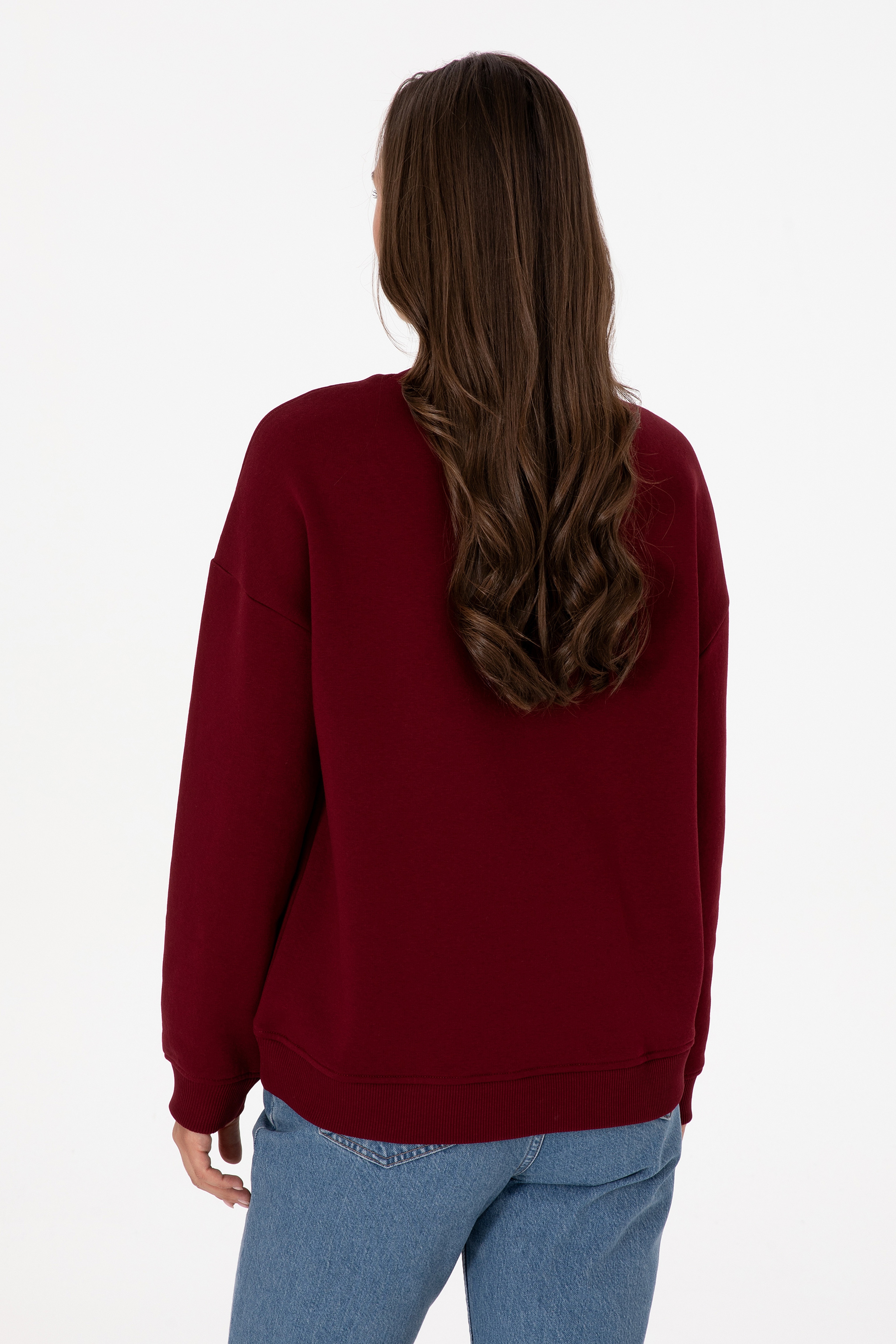 Kadın Bordo Şardonlu Bisiklet Yaka Basic Sweatshırt