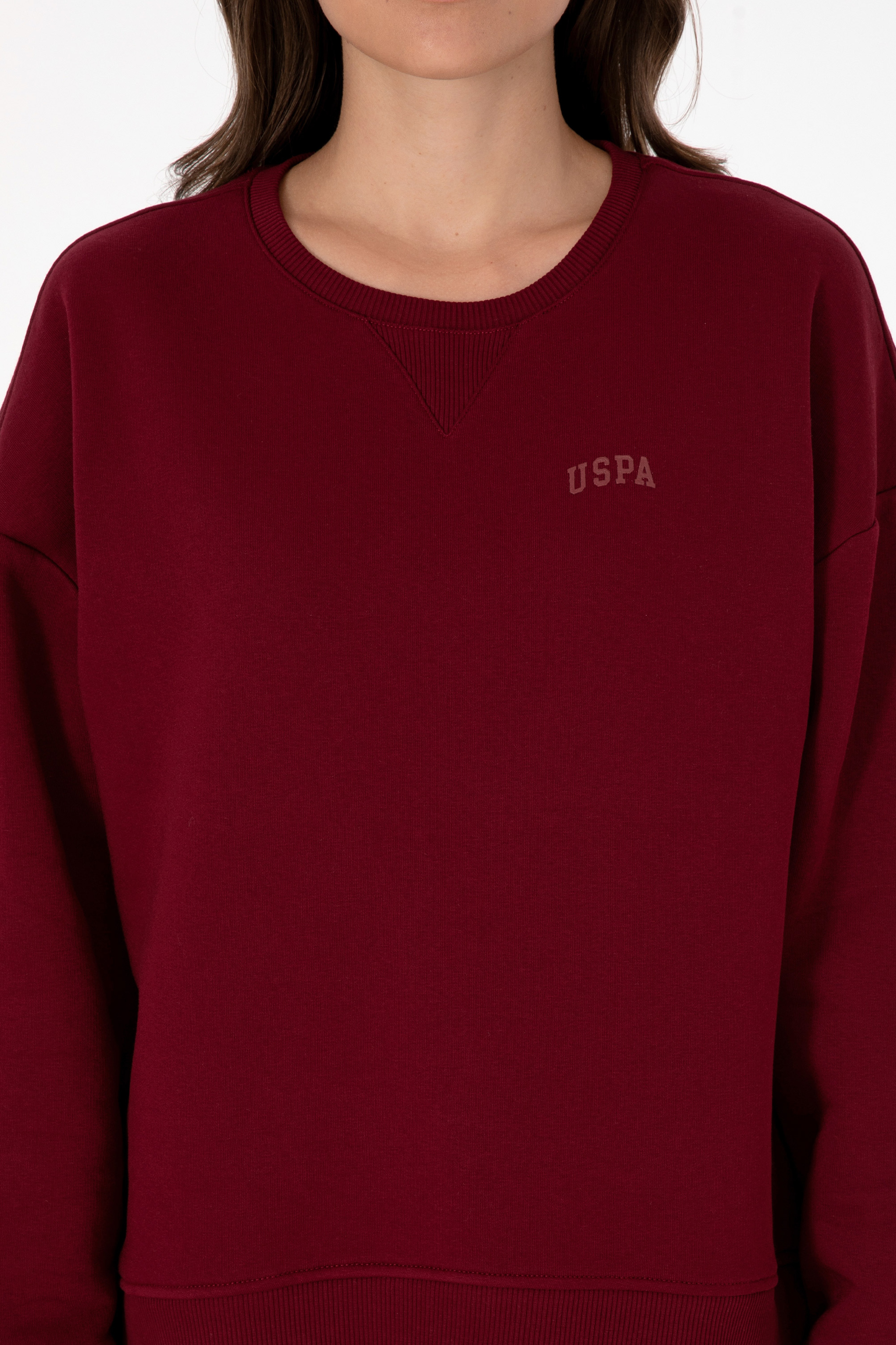 Kadın Bordo Şardonlu Bisiklet Yaka Basic Sweatshırt - Image 6