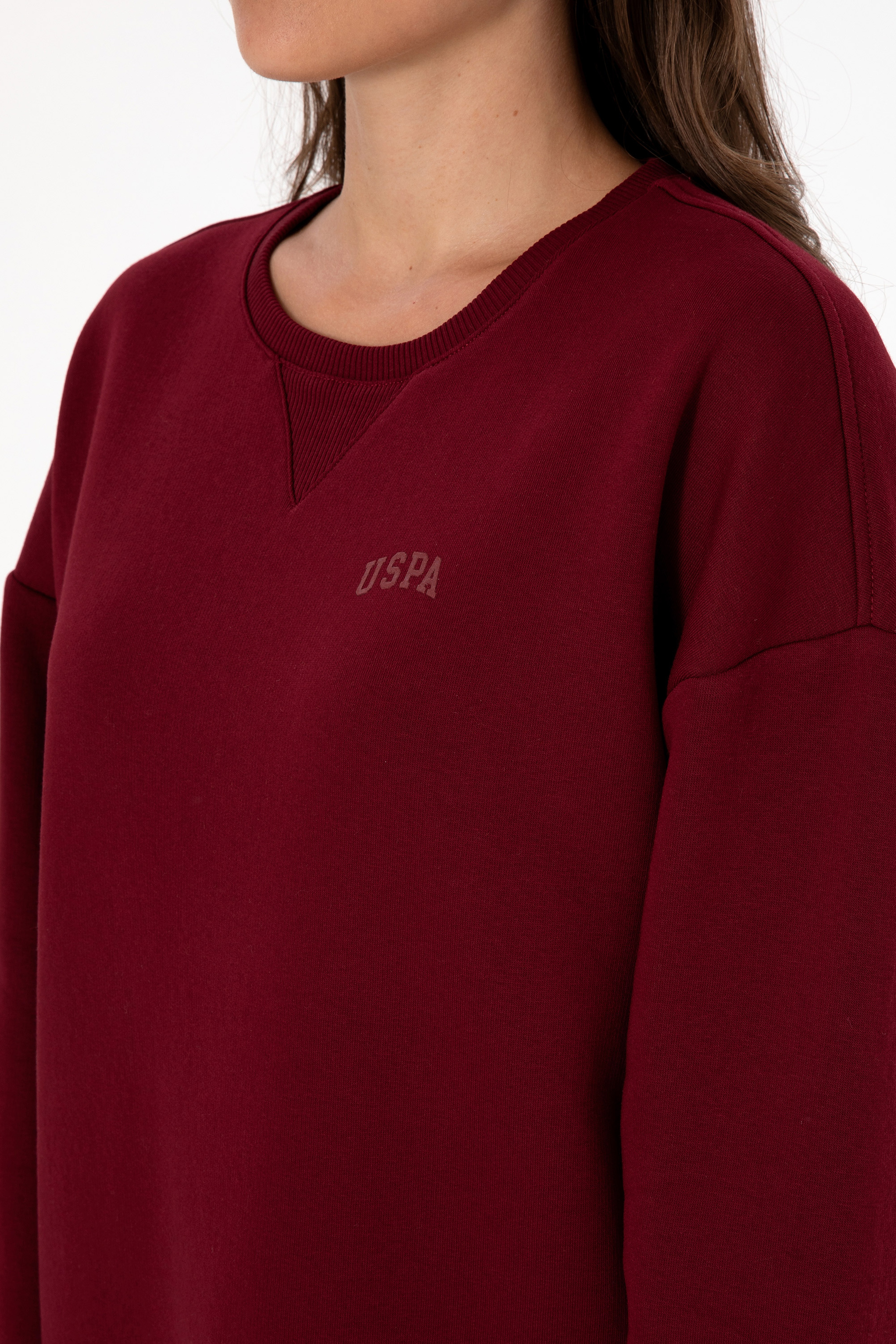 Kadın Bordo Şardonlu Bisiklet Yaka Basic Sweatshırt - Image 7