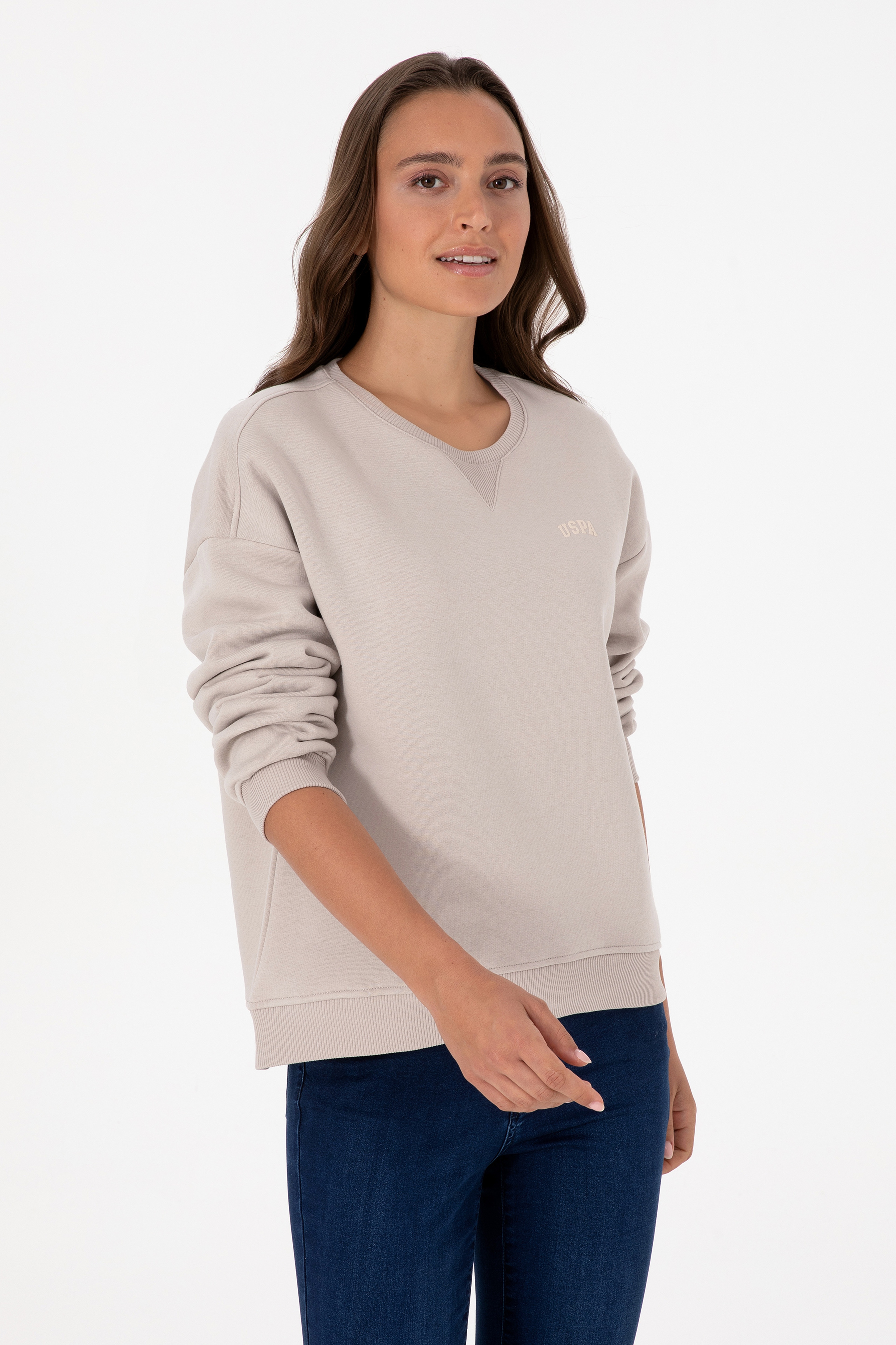 Kadın Taş Şardonlu Bisiklet Yaka Basic Sweatshırt - Image 3