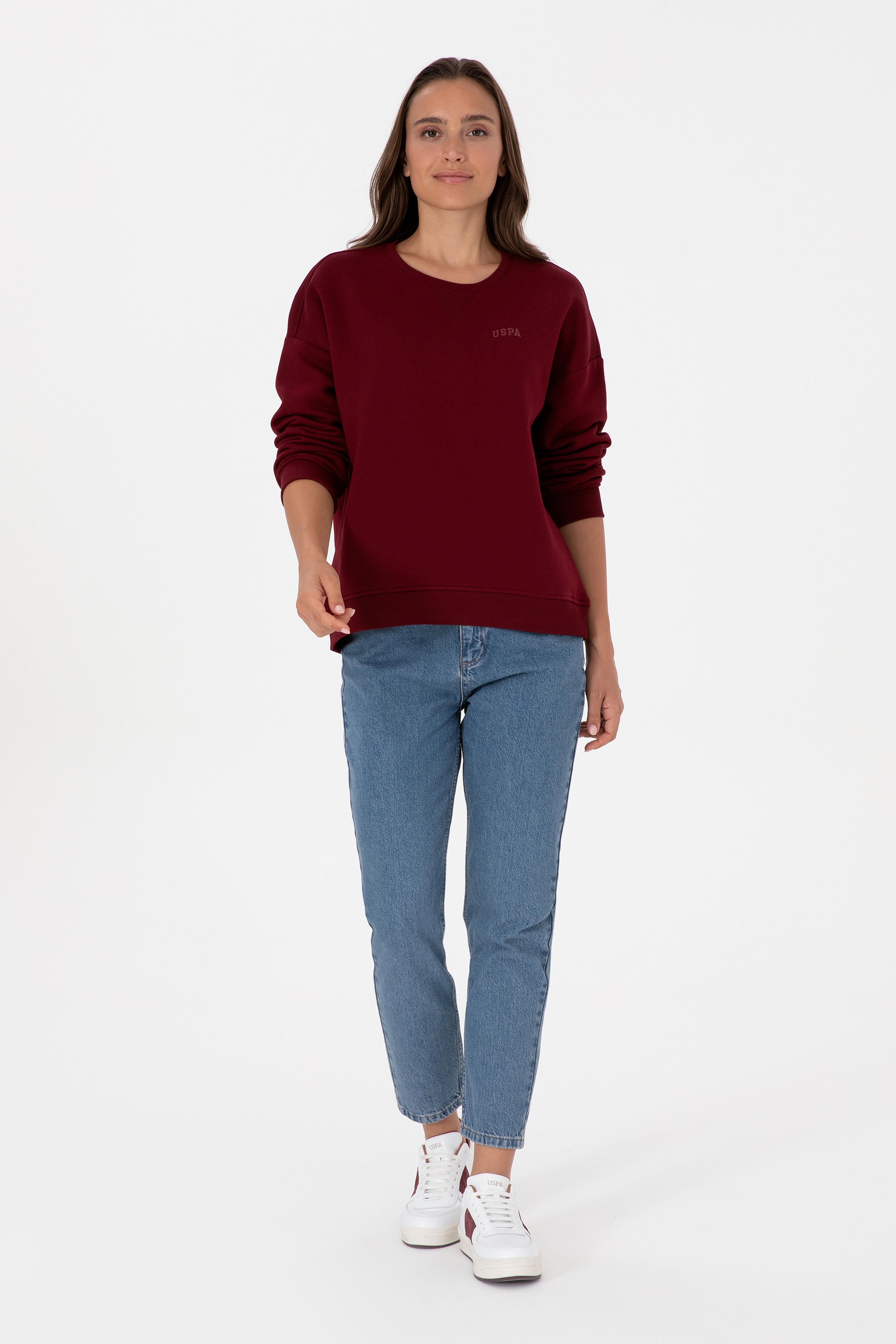 Kadın Bordo Şardonlu Bisiklet Yaka Basic Sweatshırt