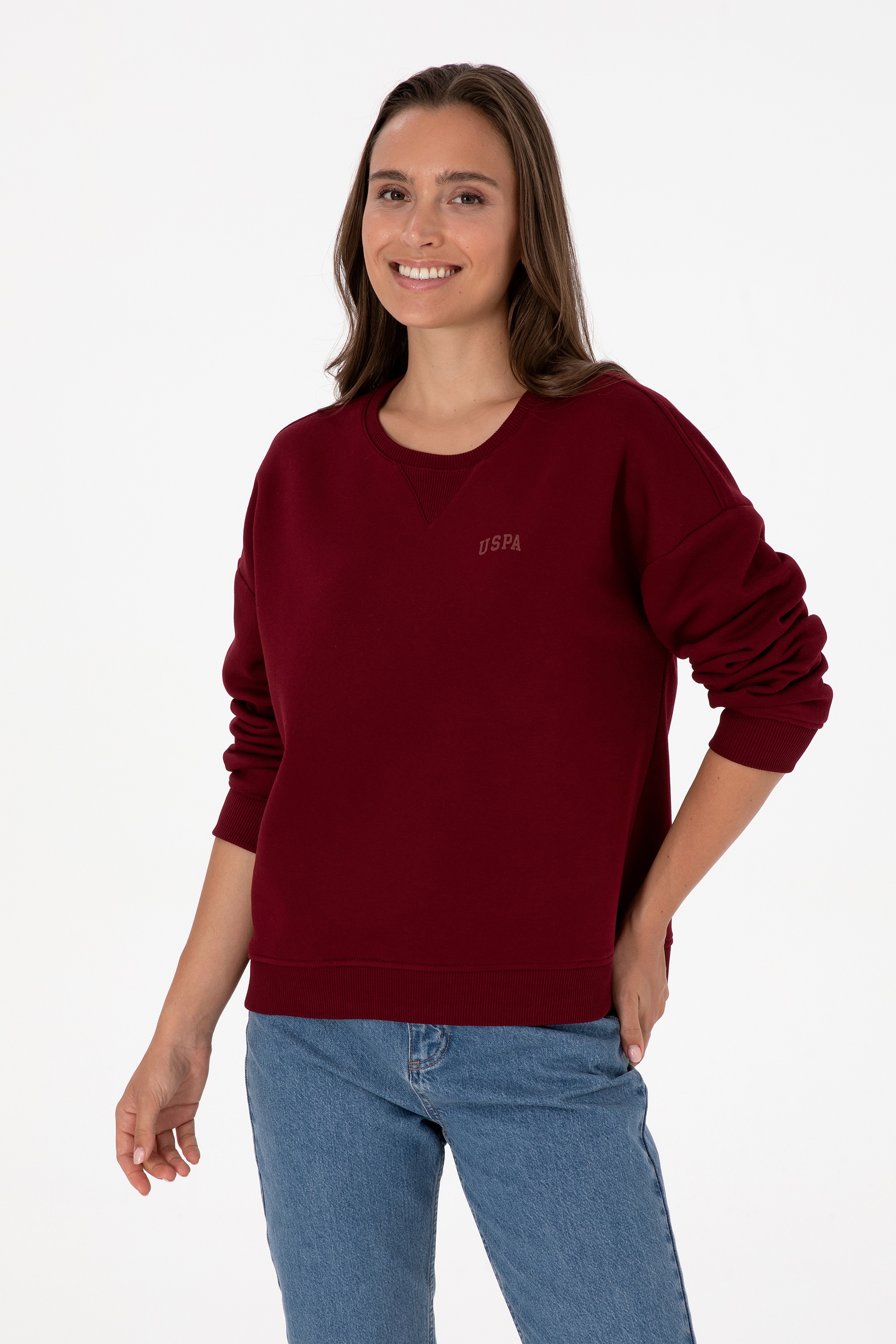 Kadın Bordo Şardonlu Bisiklet Yaka Basic Sweatshırt - Image 3