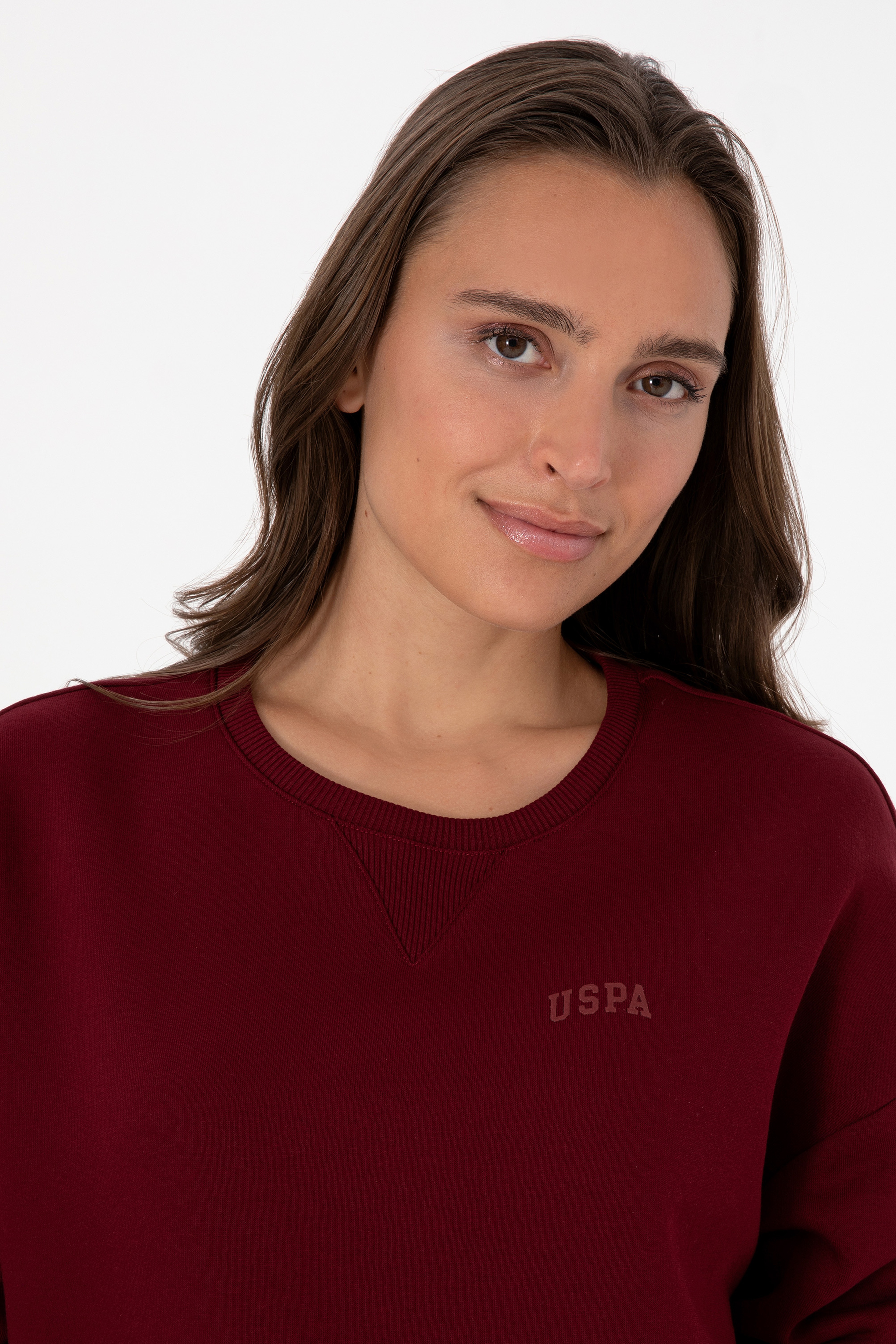 Kadın Bordo Şardonlu Bisiklet Yaka Basic Sweatshırt - Image 2