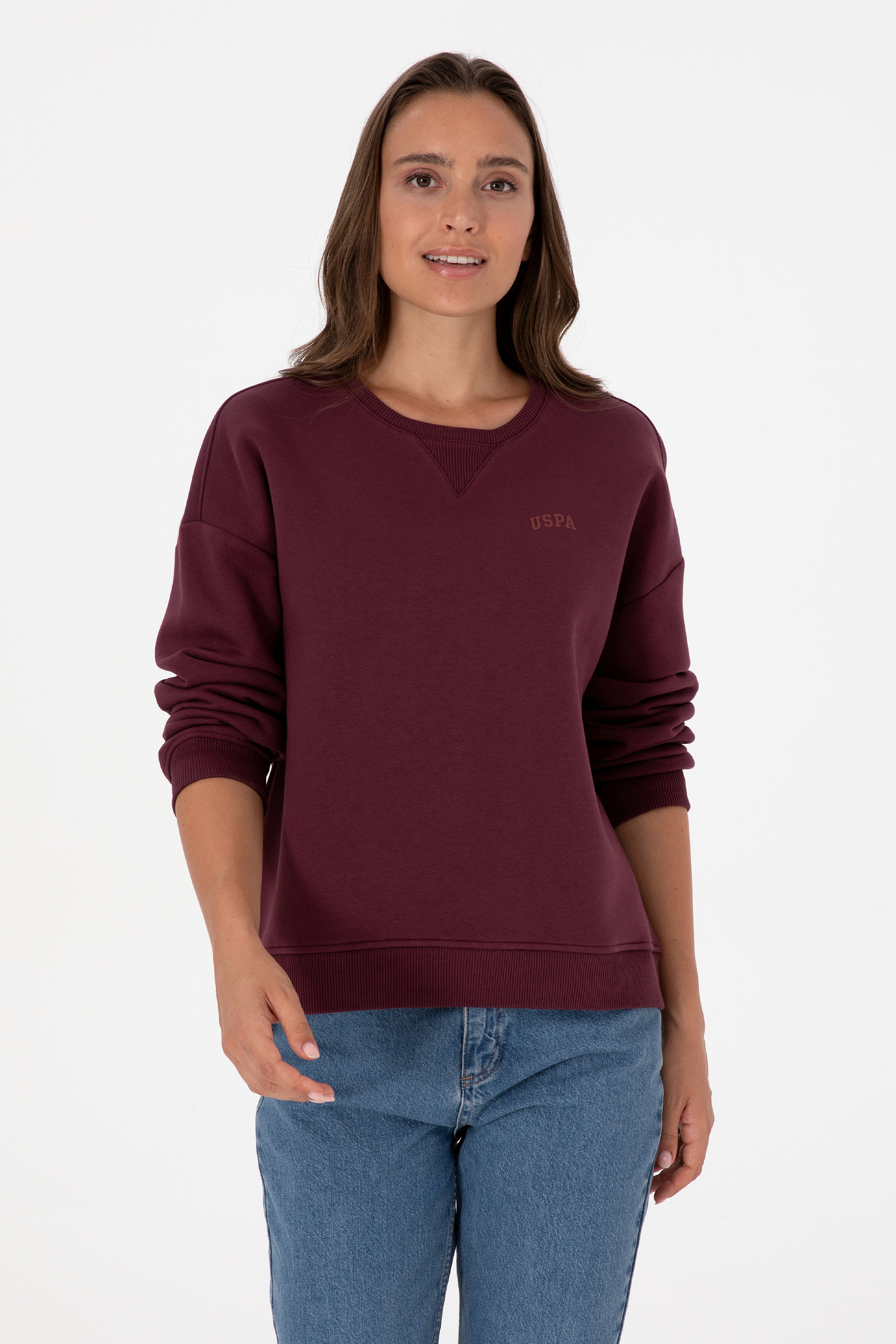 Kadın Bordo Şardonlu Bisiklet Yaka Basic Sweatshırt - Image 1