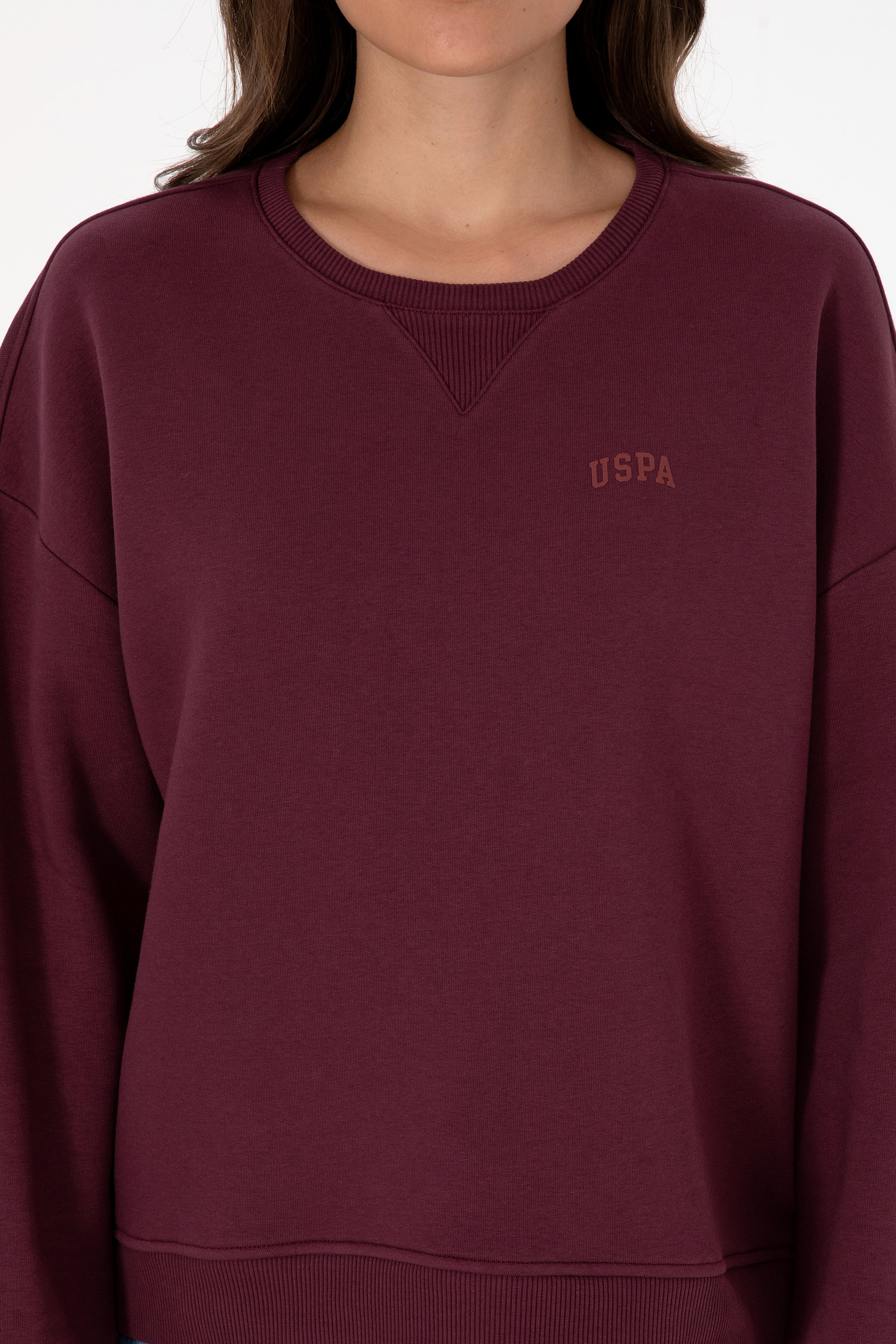 Kadın Bordo Şardonlu Bisiklet Yaka Basic Sweatshırt