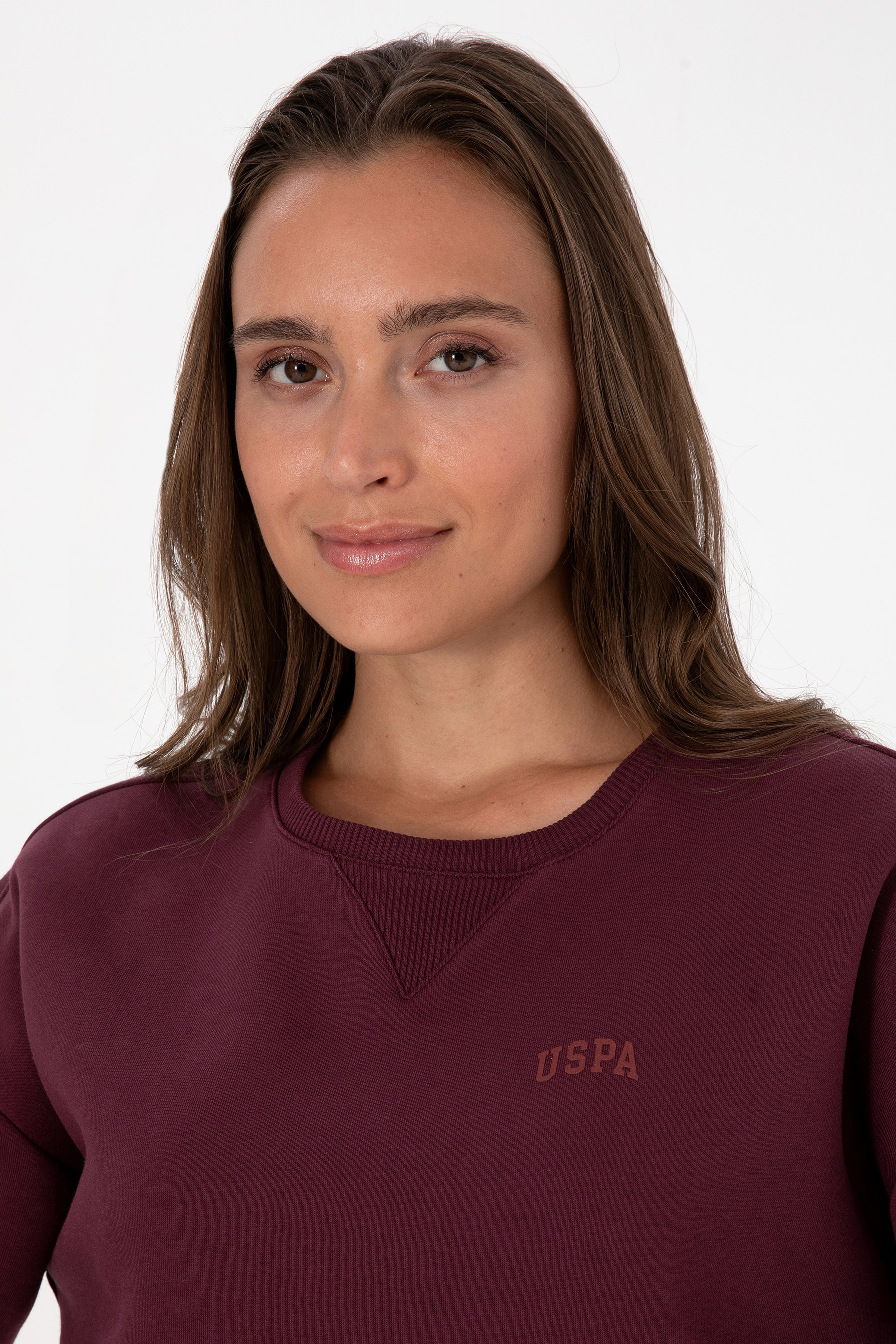 Kadın Bordo Şardonlu Bisiklet Yaka Basic Sweatshırt