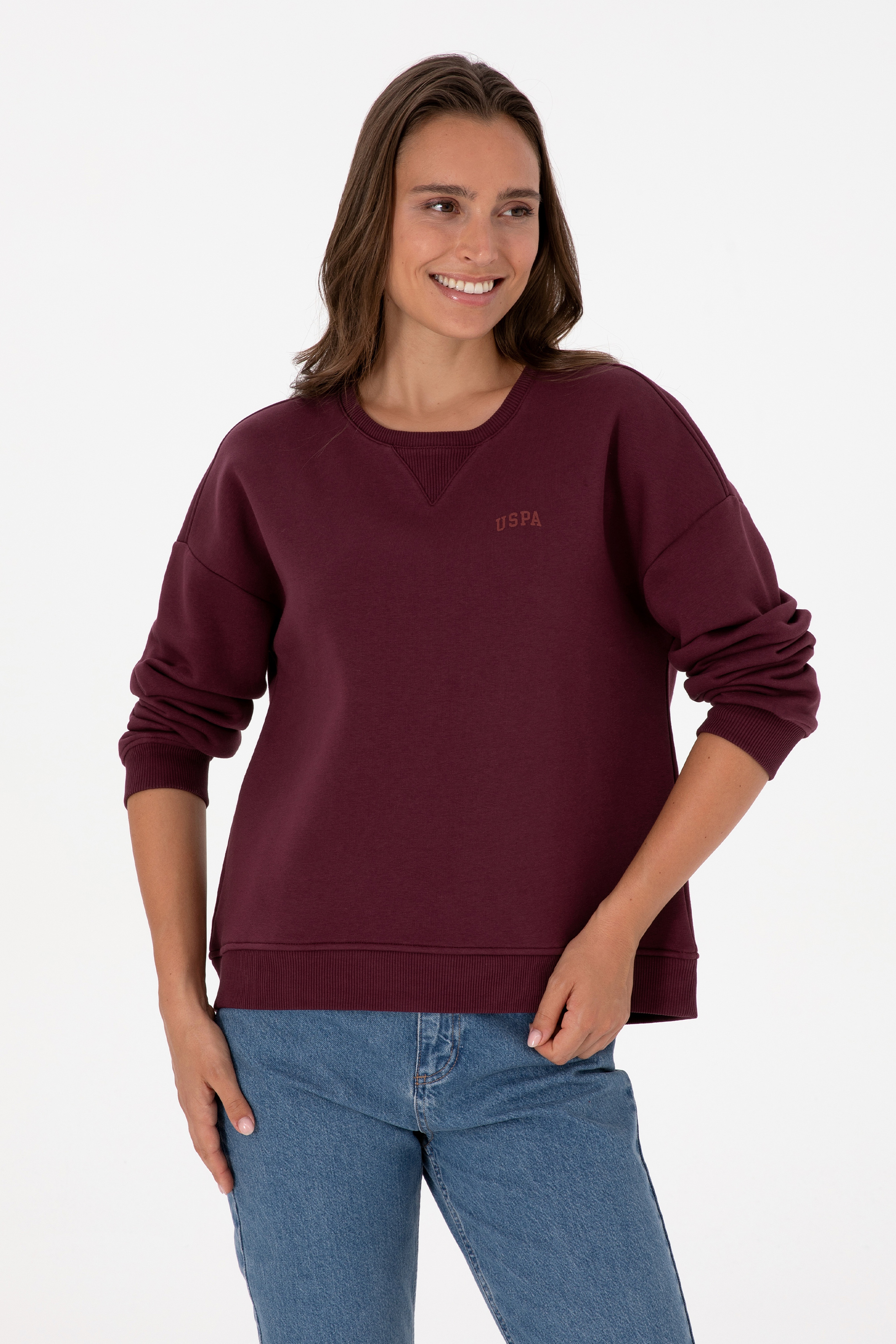 Kadın Bordo Şardonlu Bisiklet Yaka Basic Sweatshırt - Image 3