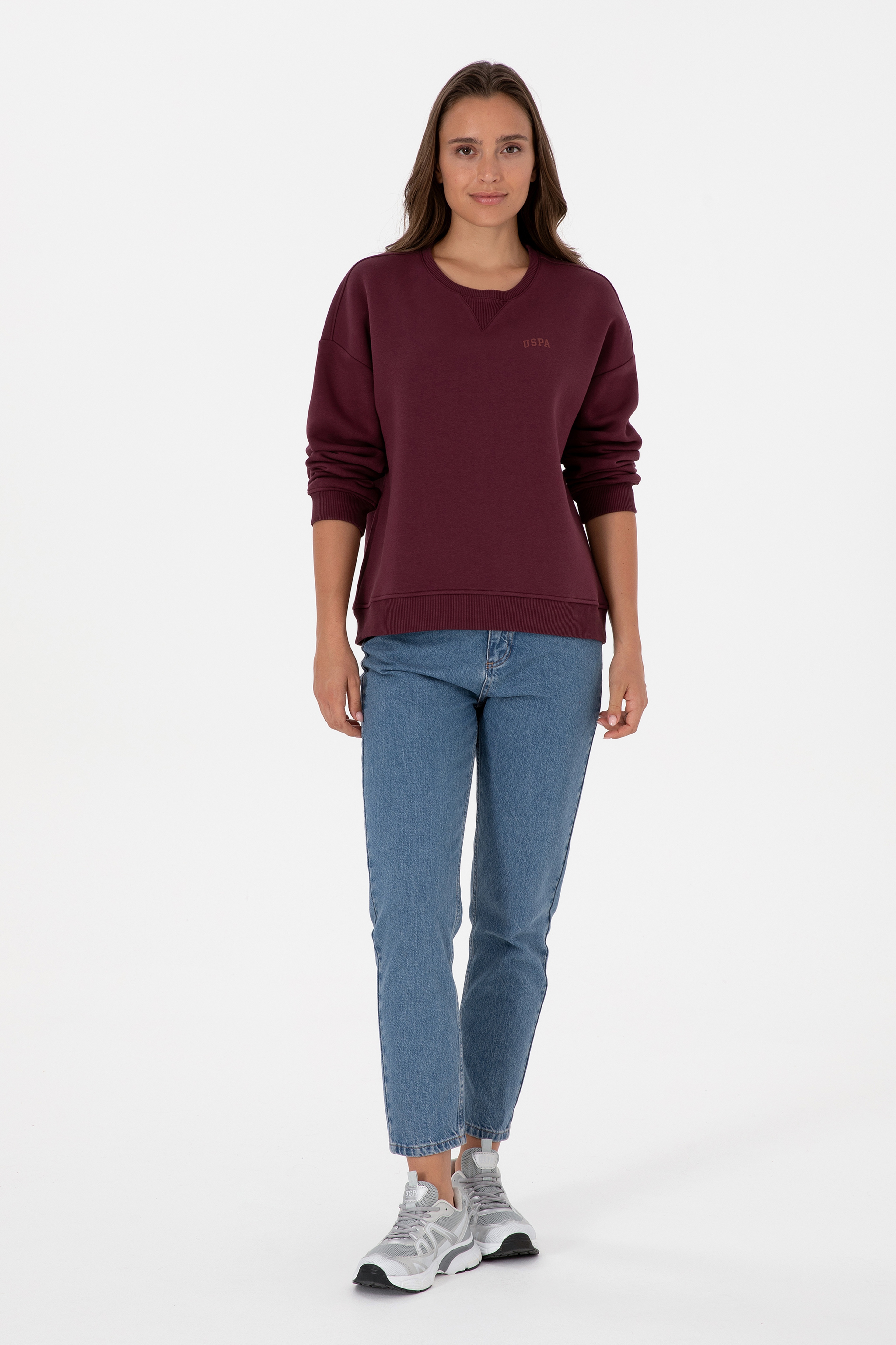 Kadın Bordo Şardonlu Bisiklet Yaka Basic Sweatshırt