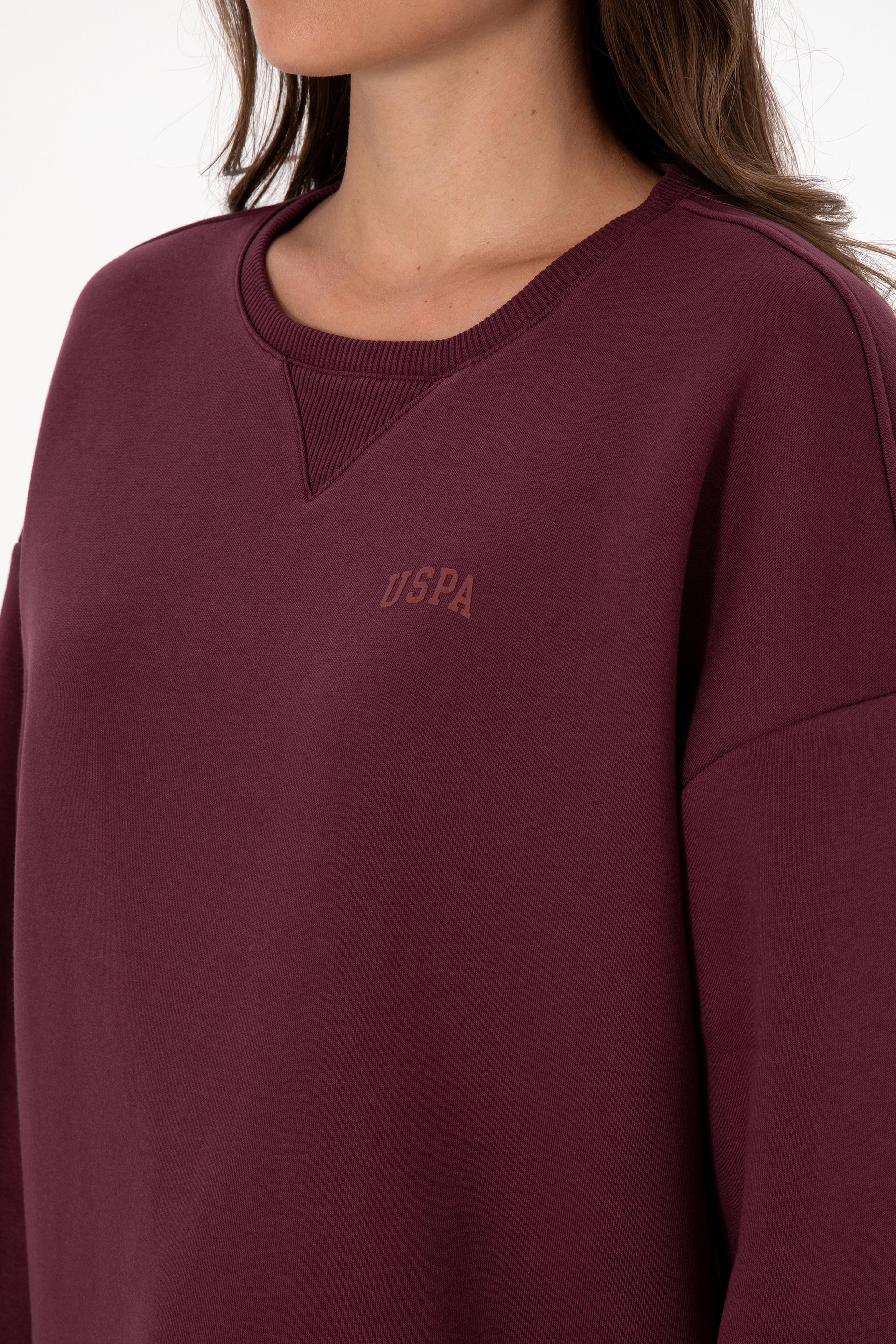 Kadın Bordo Şardonlu Bisiklet Yaka Basic Sweatshırt