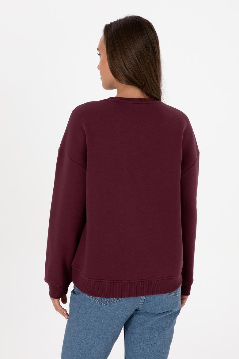 Kadın Bordo Şardonlu Bisiklet Yaka Basic Sweatshırt - 50313586045